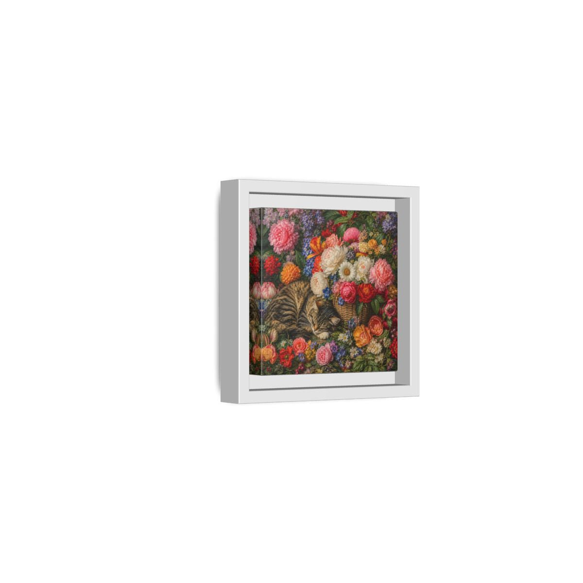 Side Mockup 22. Classic European Painting Cat Sleeping Near Flower Basket shown as stretched canvas wall art