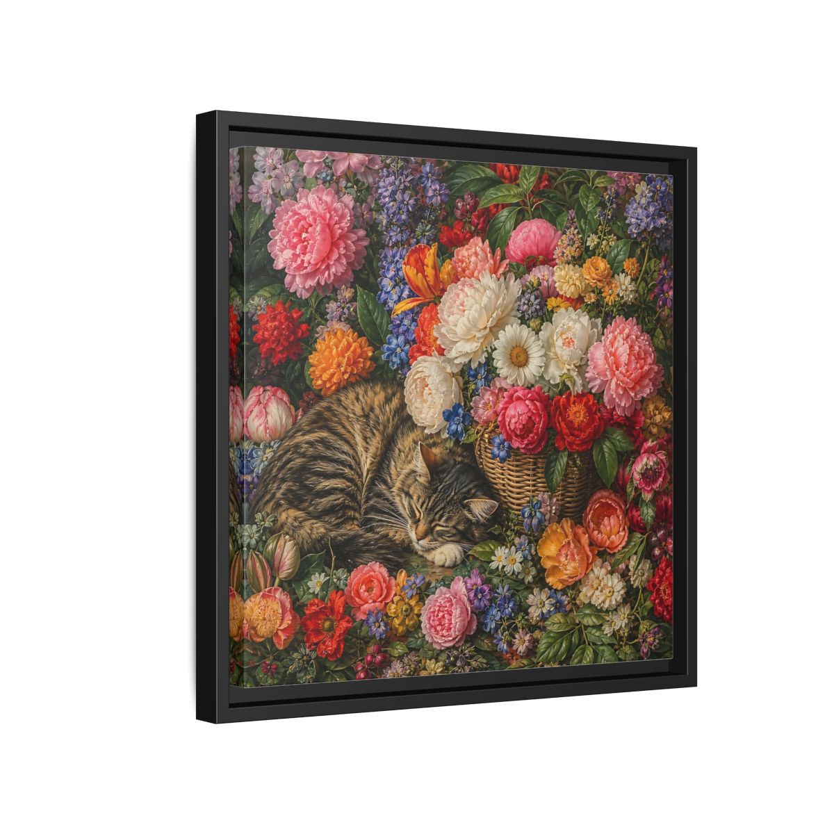 Side Mockup 15. Classic European Painting Cat Sleeping Near Flower Basket shown as stretched canvas wall art