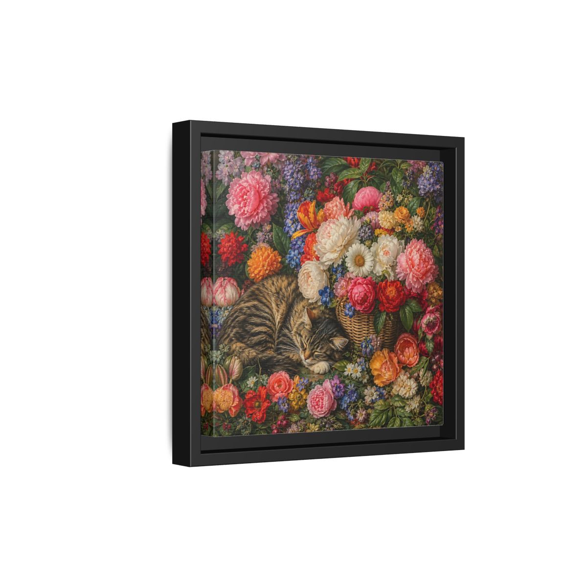 Side Mockup 21. Classic European Painting Cat Sleeping Near Flower Basket shown as stretched canvas wall art