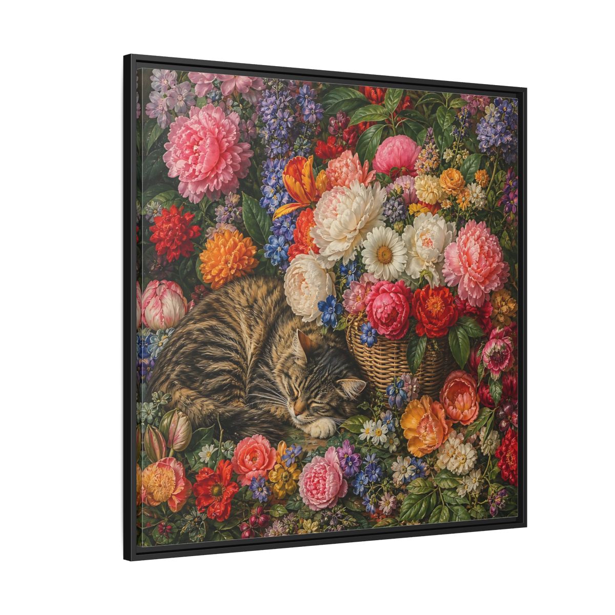 Side Mockup 6. Classic European Painting Cat Sleeping Near Flower Basket shown as stretched canvas wall art