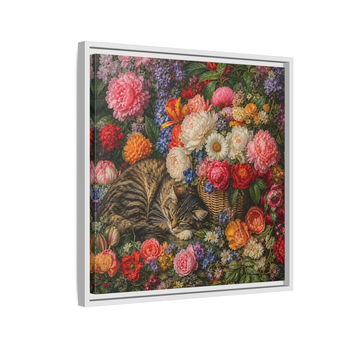 Side Mockup 10. Classic European Painting Cat Sleeping Near Flower Basket shown as stretched canvas wall art