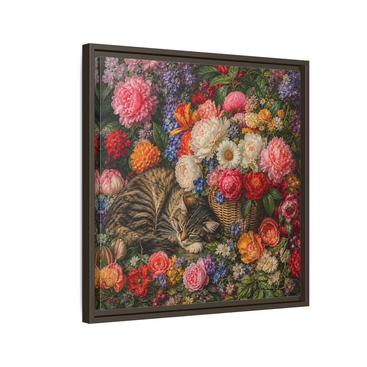 Side Mockup 11. Classic European Painting Cat Sleeping Near Flower Basket shown as stretched canvas wall art
