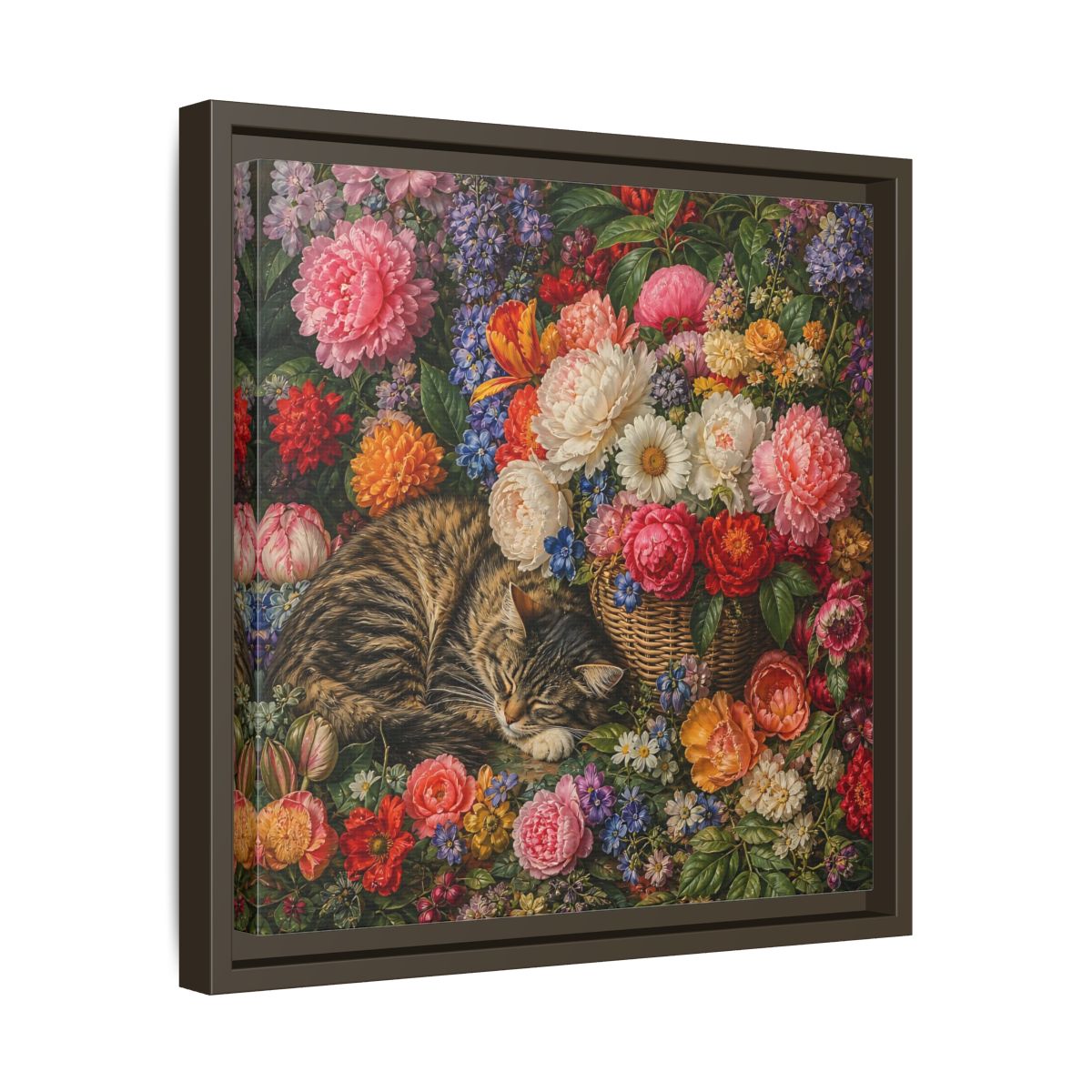 Side Mockup 29. Classic European Painting Cat Sleeping Near Flower Basket shown as stretched canvas wall art