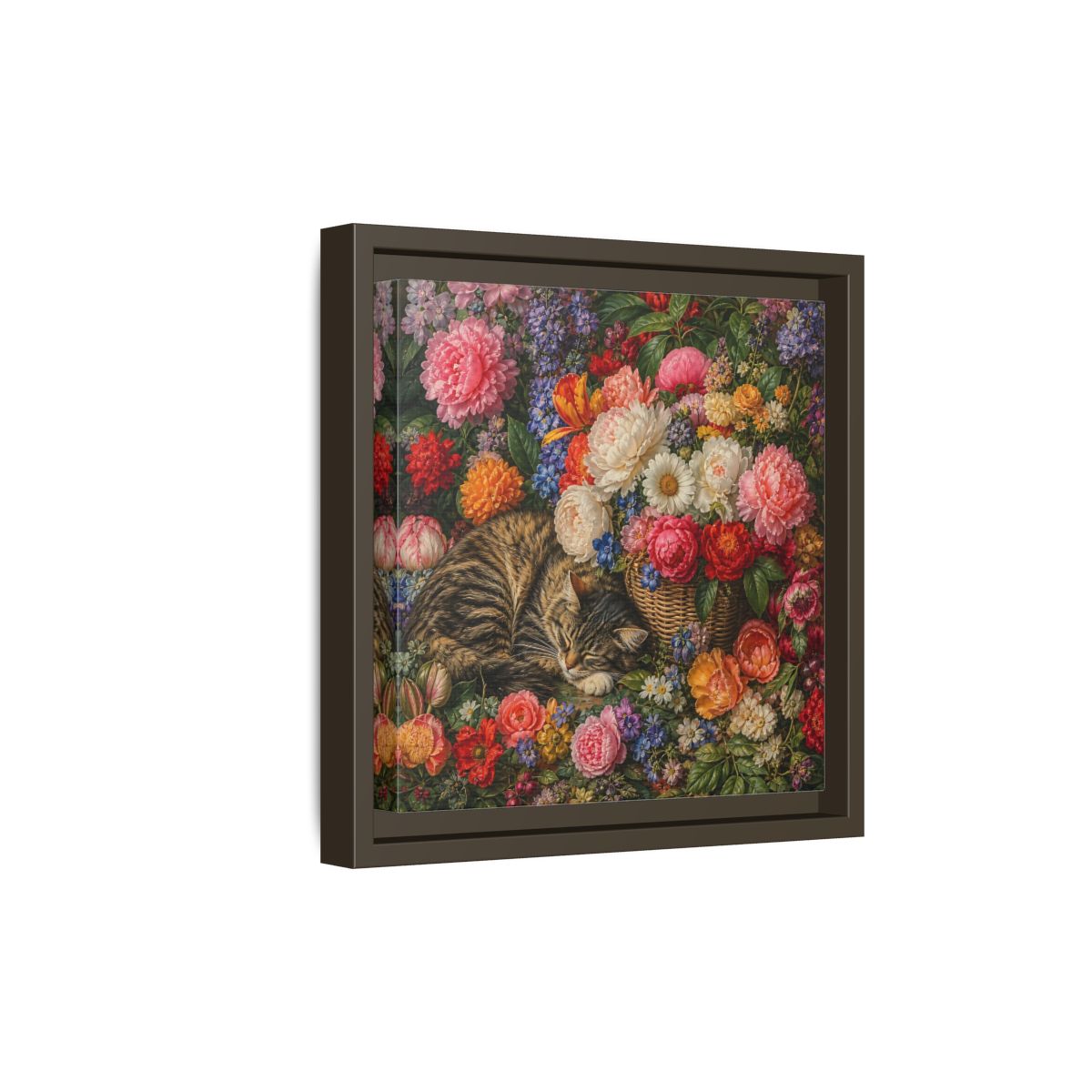 Side Mockup 20. Classic European Painting Cat Sleeping Near Flower Basket shown as stretched canvas wall art
