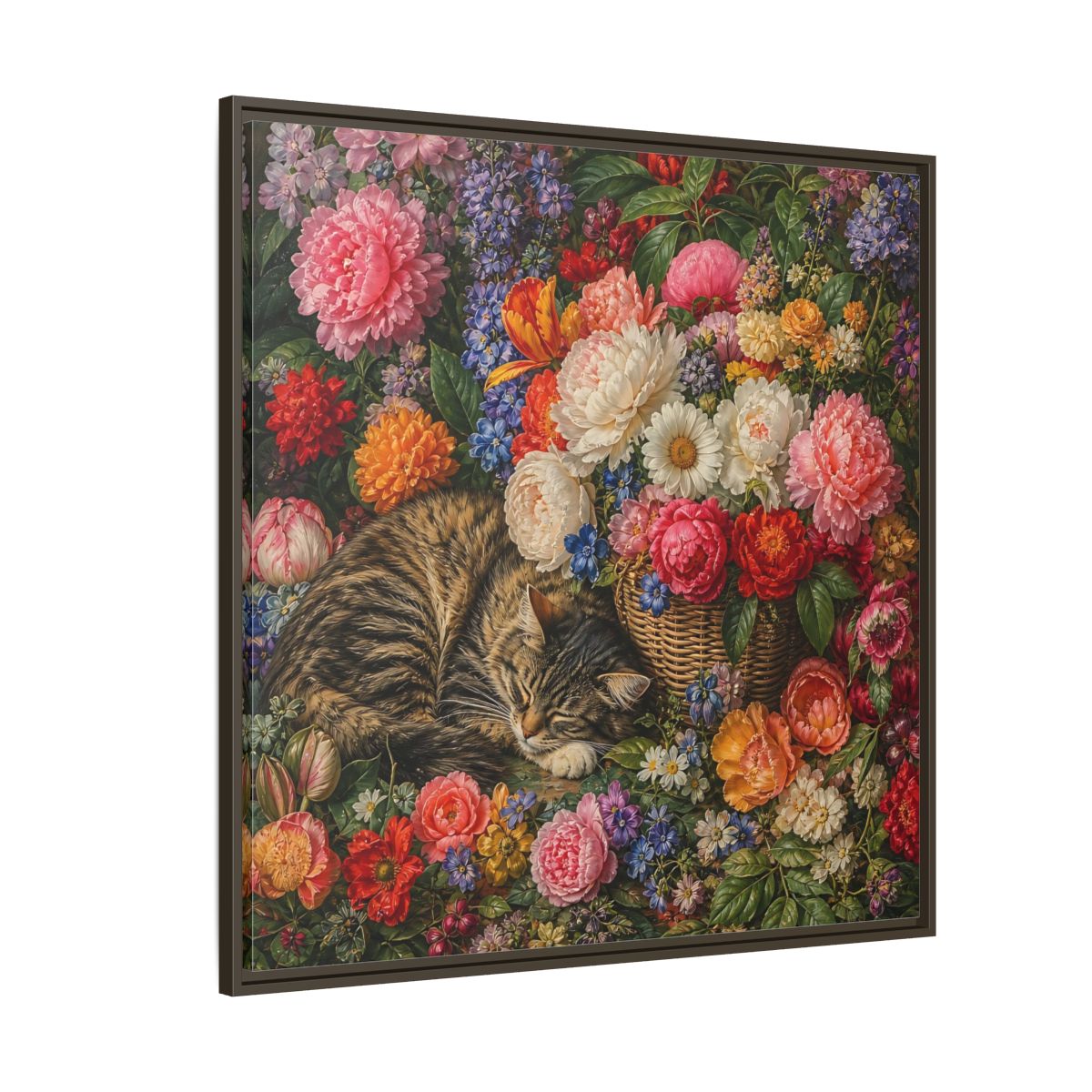 Side Mockup 5. Classic European Painting Cat Sleeping Near Flower Basket shown as stretched canvas wall art