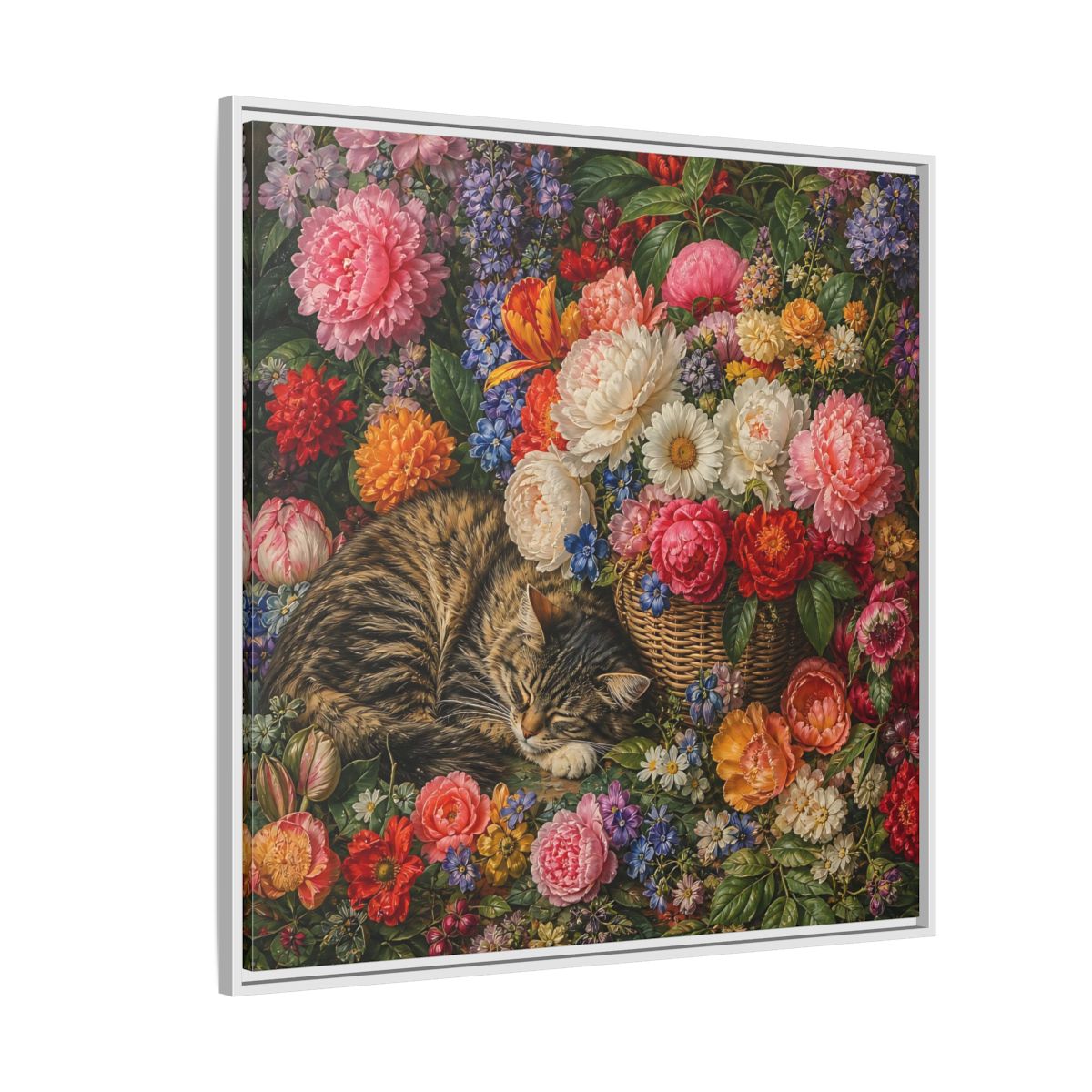 Side Mockup 4. Classic European Painting Cat Sleeping Near Flower Basket shown as stretched canvas wall art