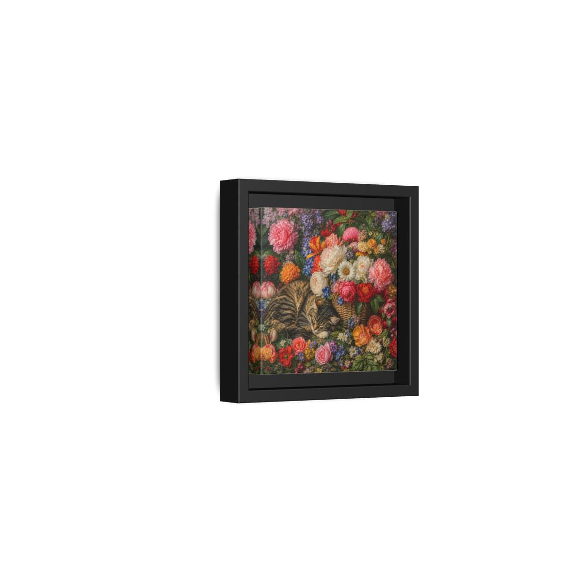 Side Mockup 24. Classic European Painting Cat Sleeping Near Flower Basket shown as stretched canvas wall art