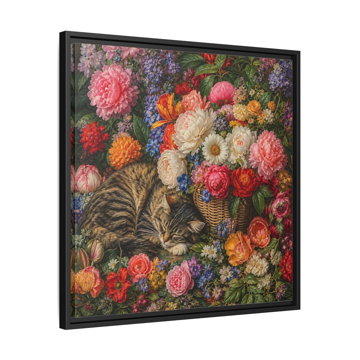 Side Mockup 31. Classic European Painting Cat Sleeping Near Flower Basket shown as stretched canvas wall art