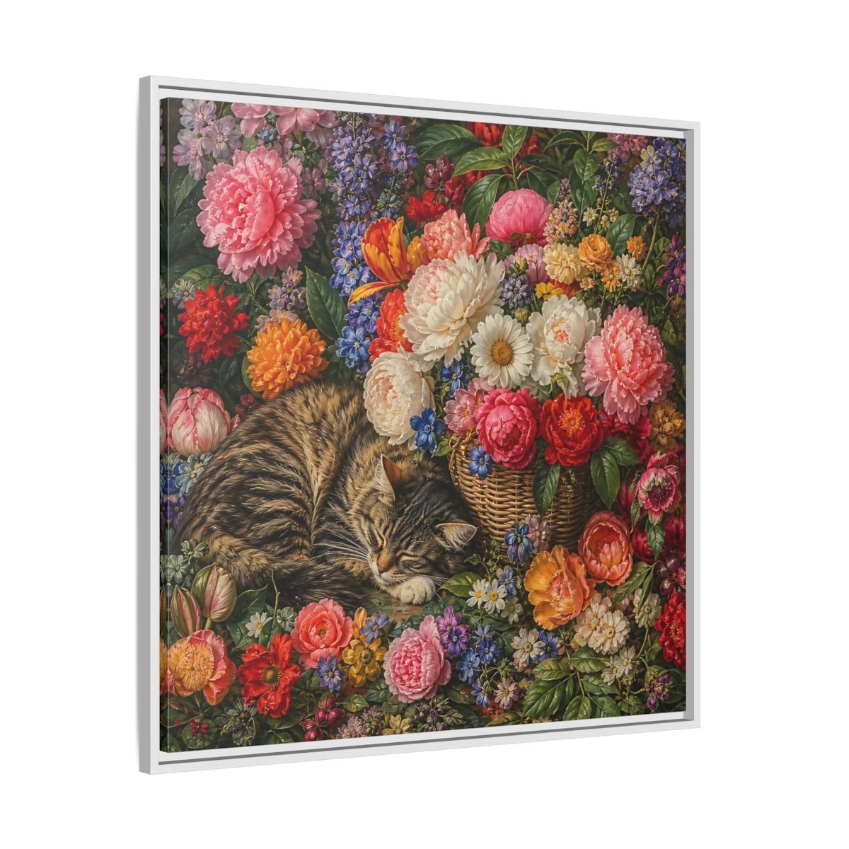 Side Mockup 25. Classic European Painting Cat Sleeping Near Flower Basket shown as stretched canvas wall art