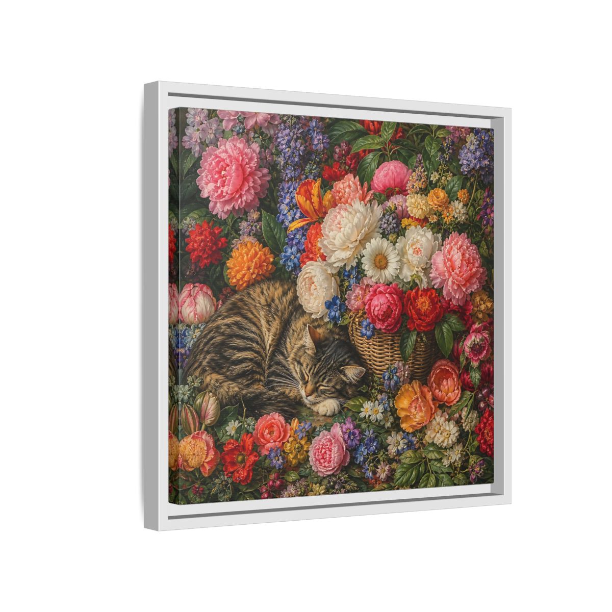 Side Mockup 13. Classic European Painting Cat Sleeping Near Flower Basket shown as stretched canvas wall art