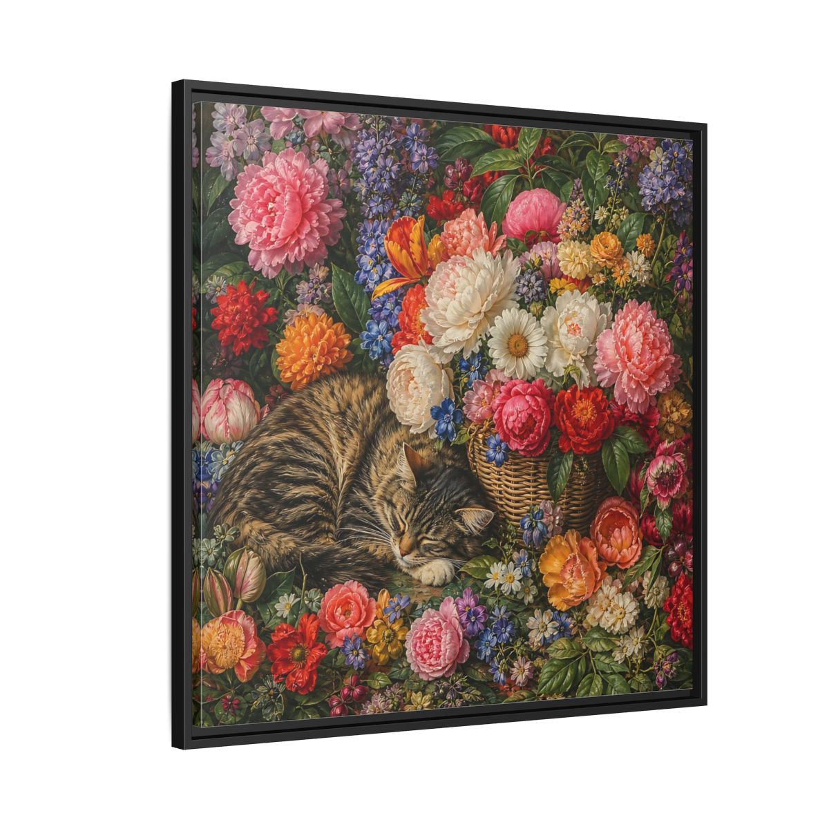 Side Mockup 9. Classic European Painting Cat Sleeping Near Flower Basket shown as stretched canvas wall art