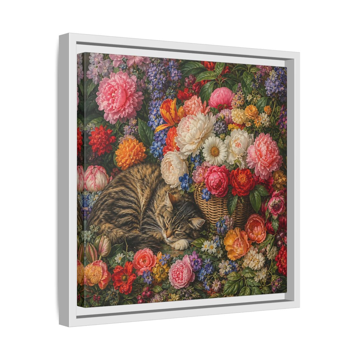 Side Mockup 28. Classic European Painting Cat Sleeping Near Flower Basket shown as stretched canvas wall art
