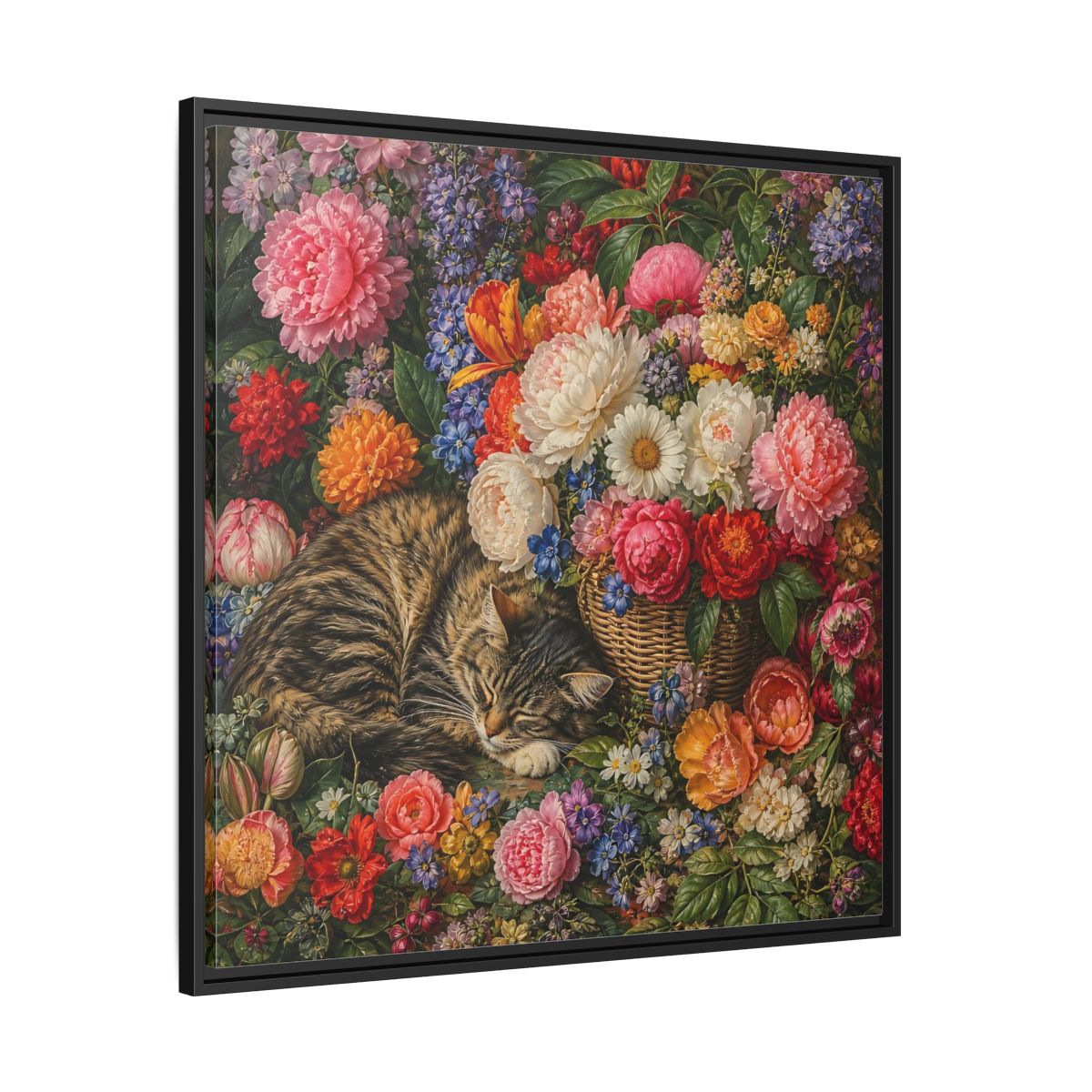 Side Mockup 30. Classic European Painting Cat Sleeping Near Flower Basket shown as stretched canvas wall art