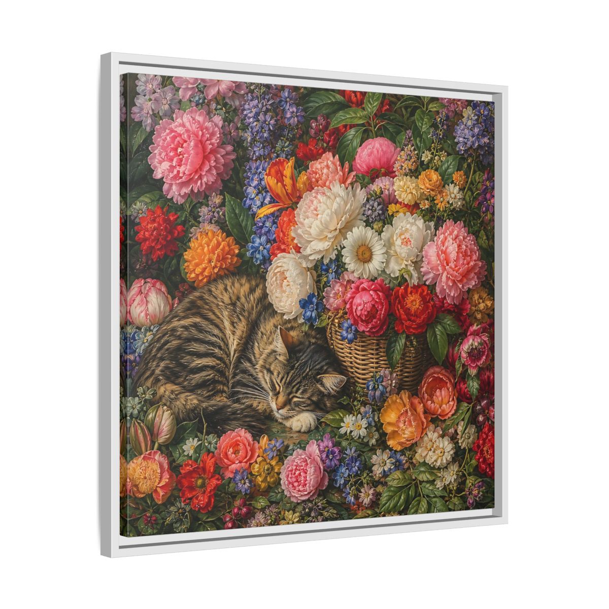 Side Mockup 26. Classic European Painting Cat Sleeping Near Flower Basket shown as stretched canvas wall art