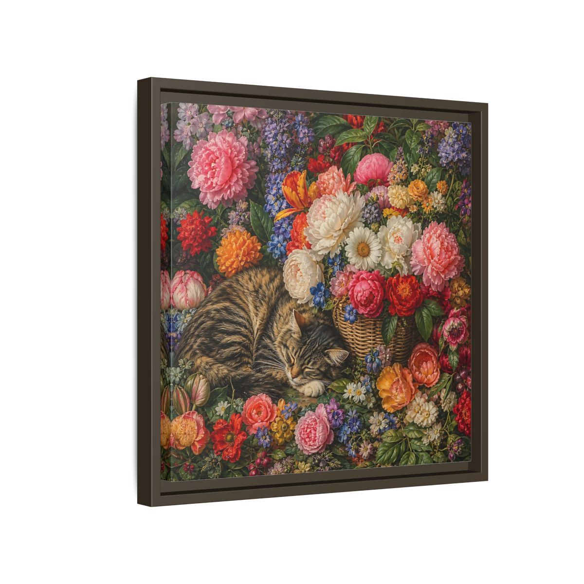 Side Mockup 14. Classic European Painting Cat Sleeping Near Flower Basket shown as stretched canvas wall art