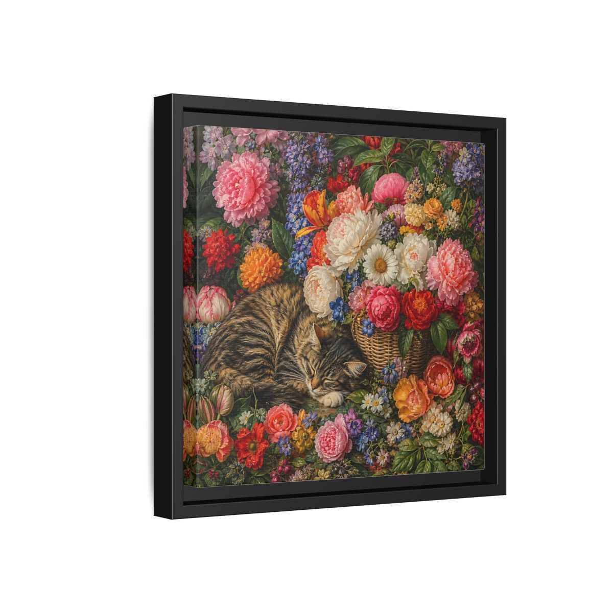 Side Mockup 18. Classic European Painting Cat Sleeping Near Flower Basket shown as stretched canvas wall art