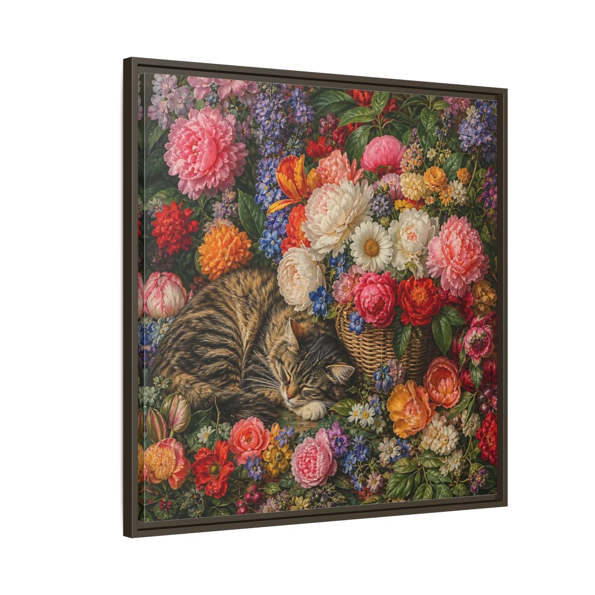 Side Mockup 8. Classic European Painting Cat Sleeping Near Flower Basket shown as stretched canvas wall art
