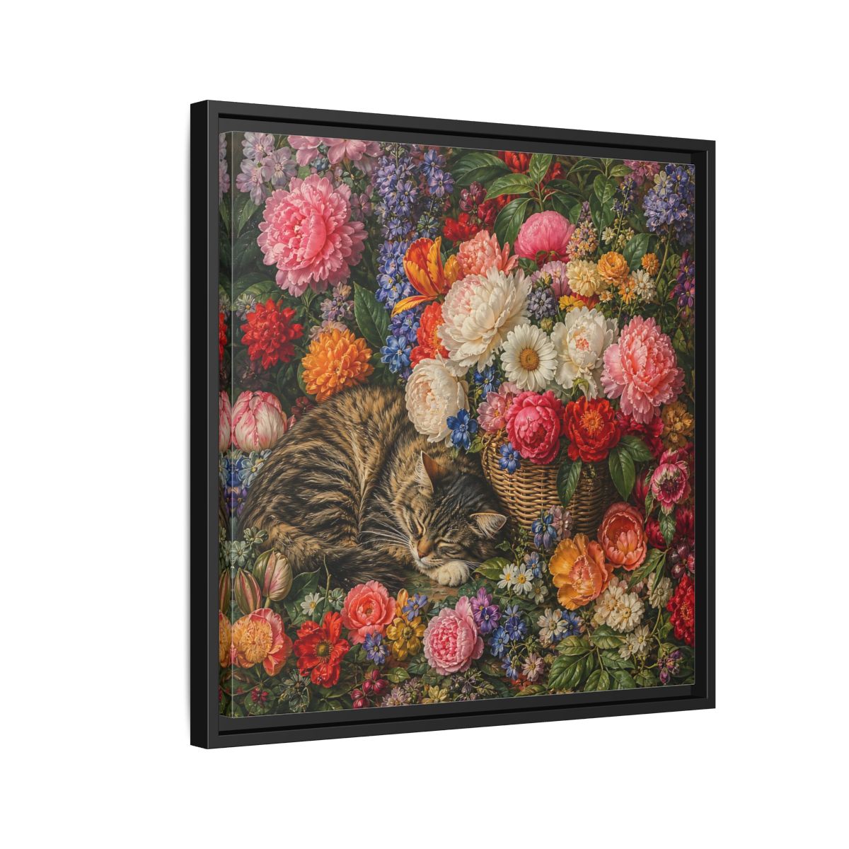 Side Mockup 12. Classic European Painting Cat Sleeping Near Flower Basket shown as stretched canvas wall art
