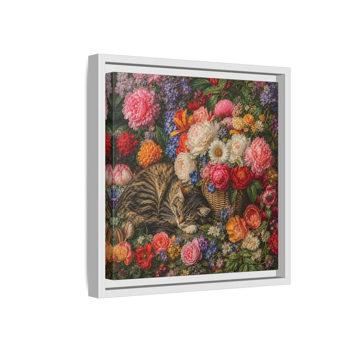 Side Mockup 16. Classic European Painting Cat Sleeping Near Flower Basket shown as stretched canvas wall art