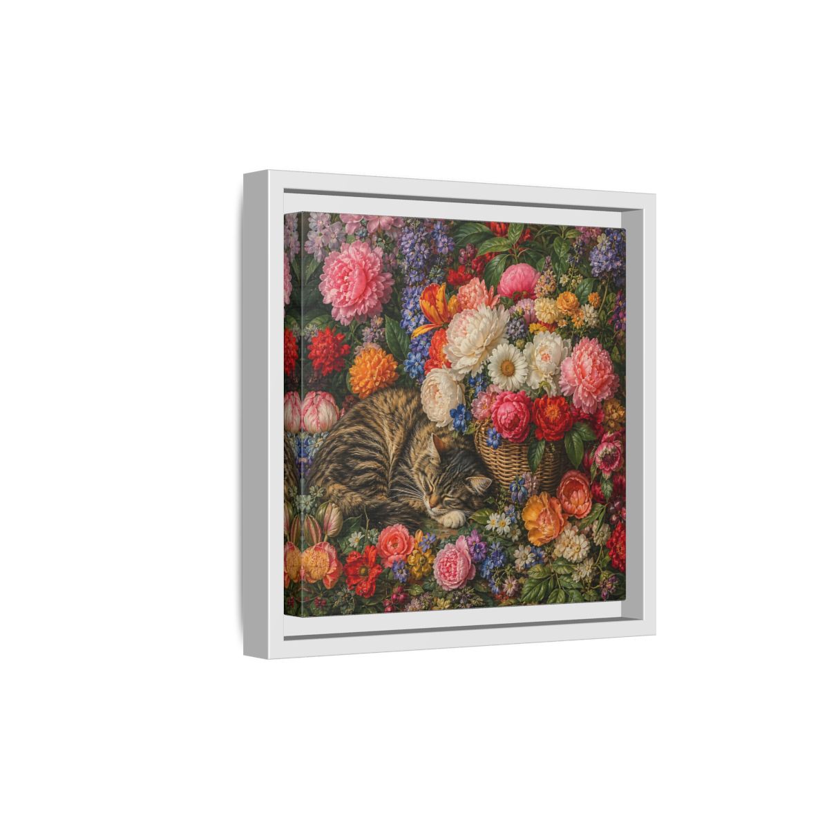 Side Mockup 19. Classic European Painting Cat Sleeping Near Flower Basket shown as stretched canvas wall art