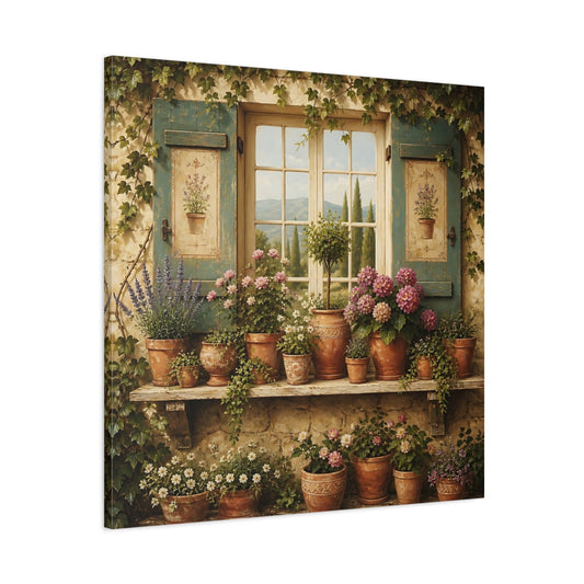 Main Mockup. Classic European Painting Cottage Shelf With Small Terracotta Pots shown as stretched canvas wall art