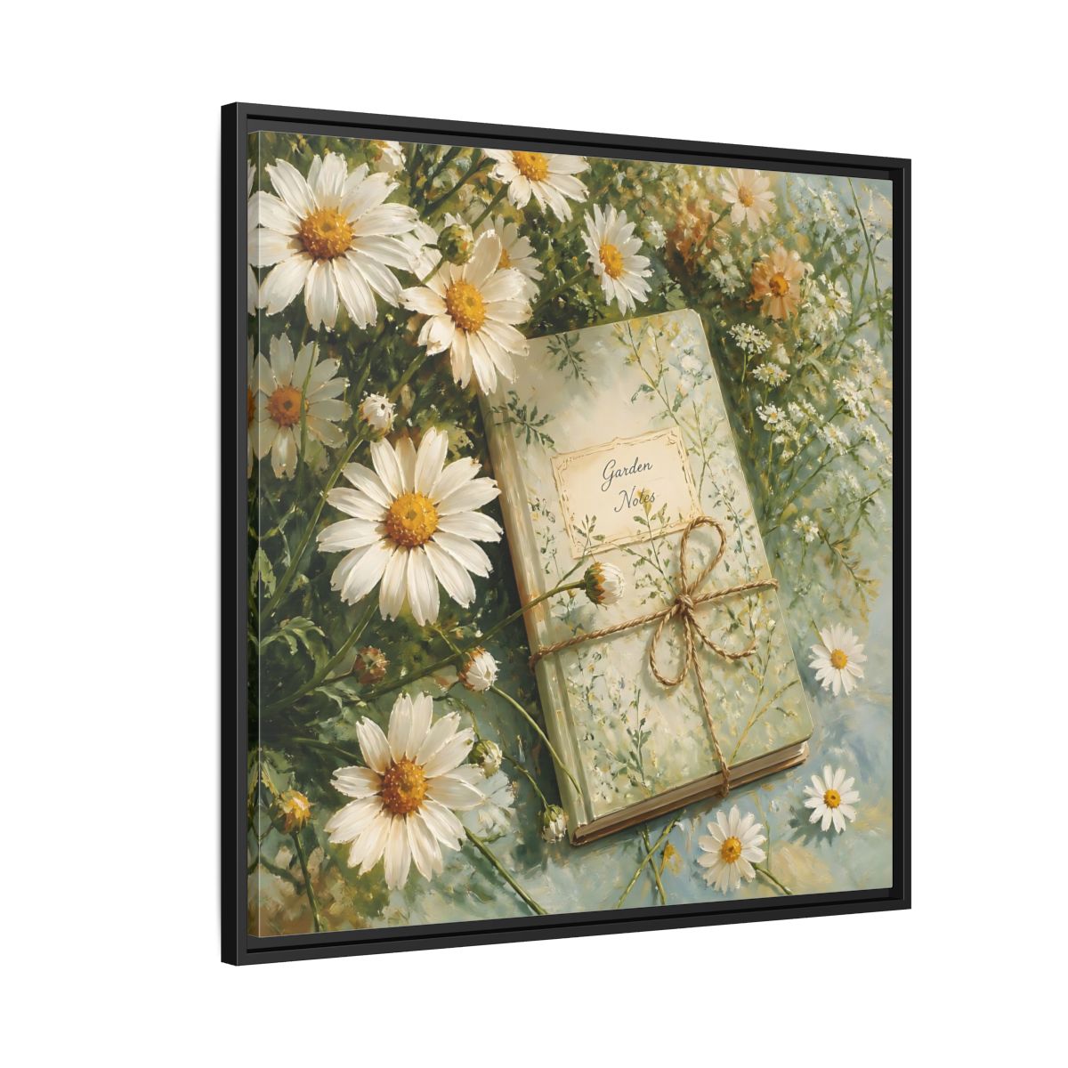 Side Mockup 9. Classic European Painting Daisies Beside Garden Notebook shown as stretched canvas wall art