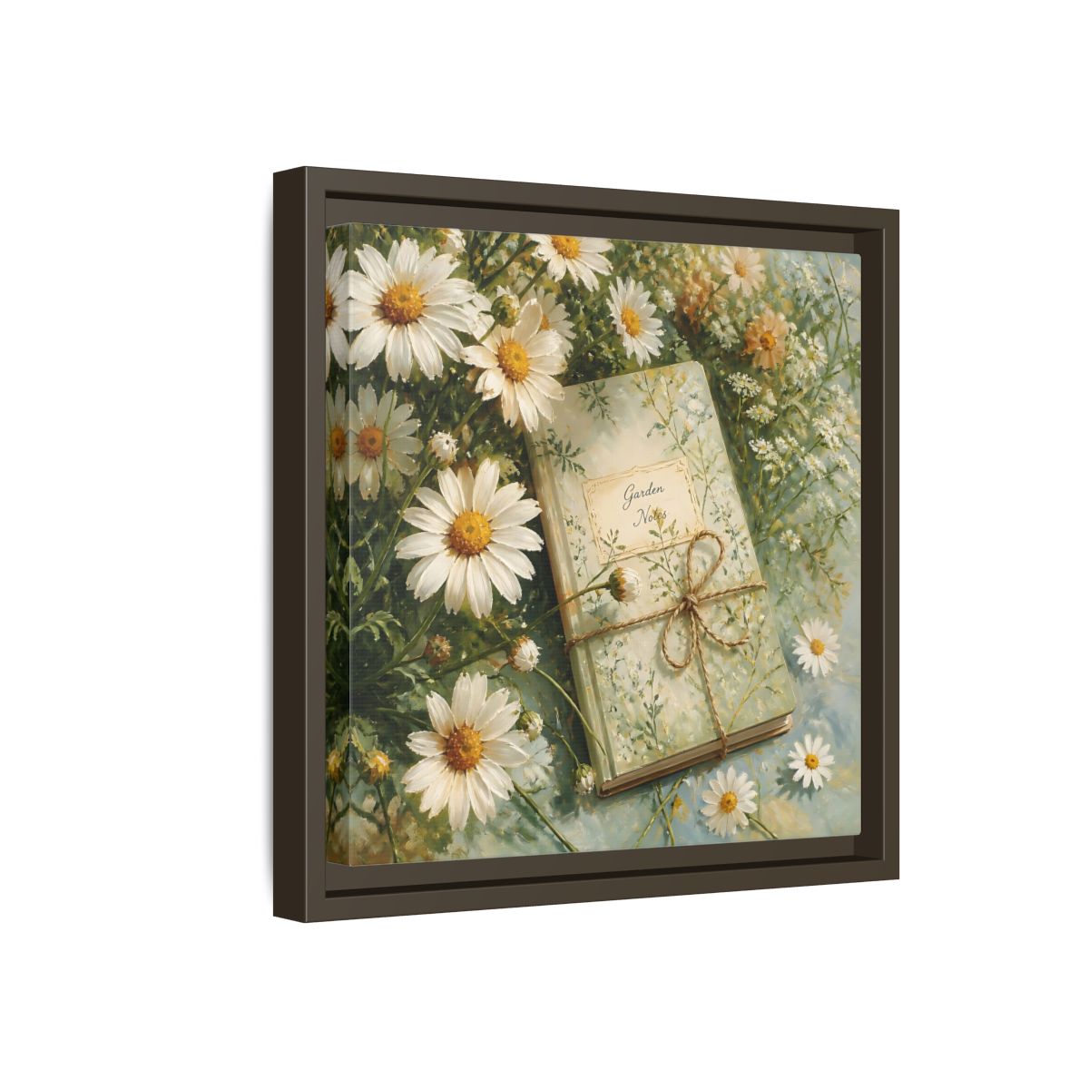 Side Mockup 17. Classic European Painting Daisies Beside Garden Notebook shown as stretched canvas wall art