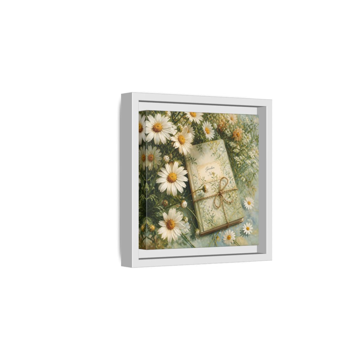 Side Mockup 1. Classic European Painting Daisies Beside Garden Notebook shown as stretched canvas wall art