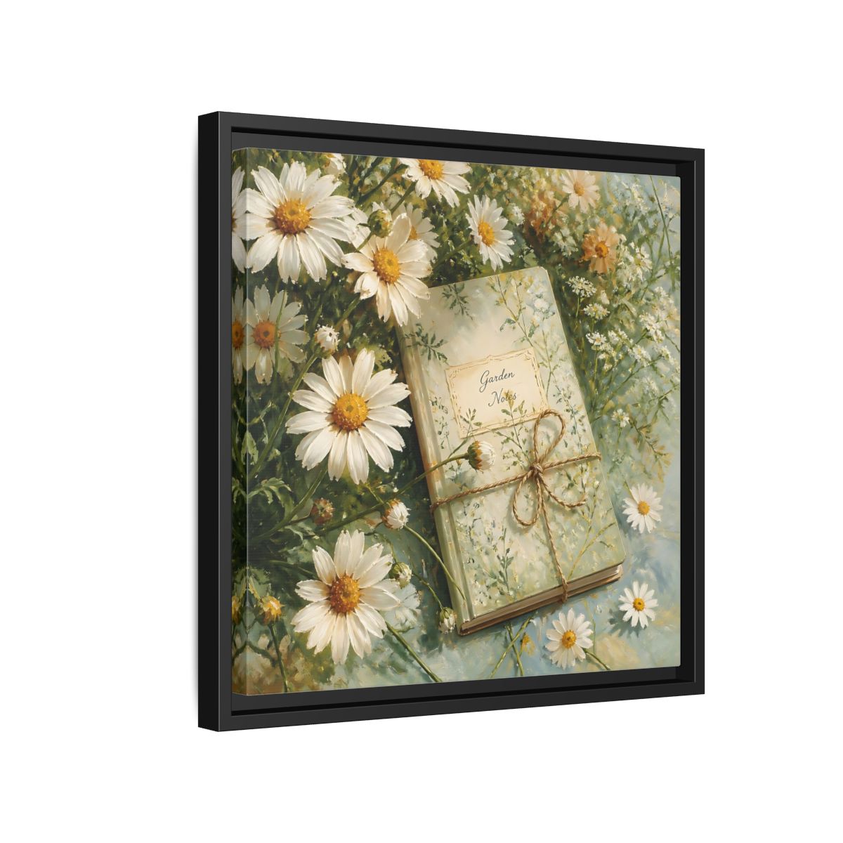 Side Mockup 15. Classic European Painting Daisies Beside Garden Notebook shown as stretched canvas wall art
