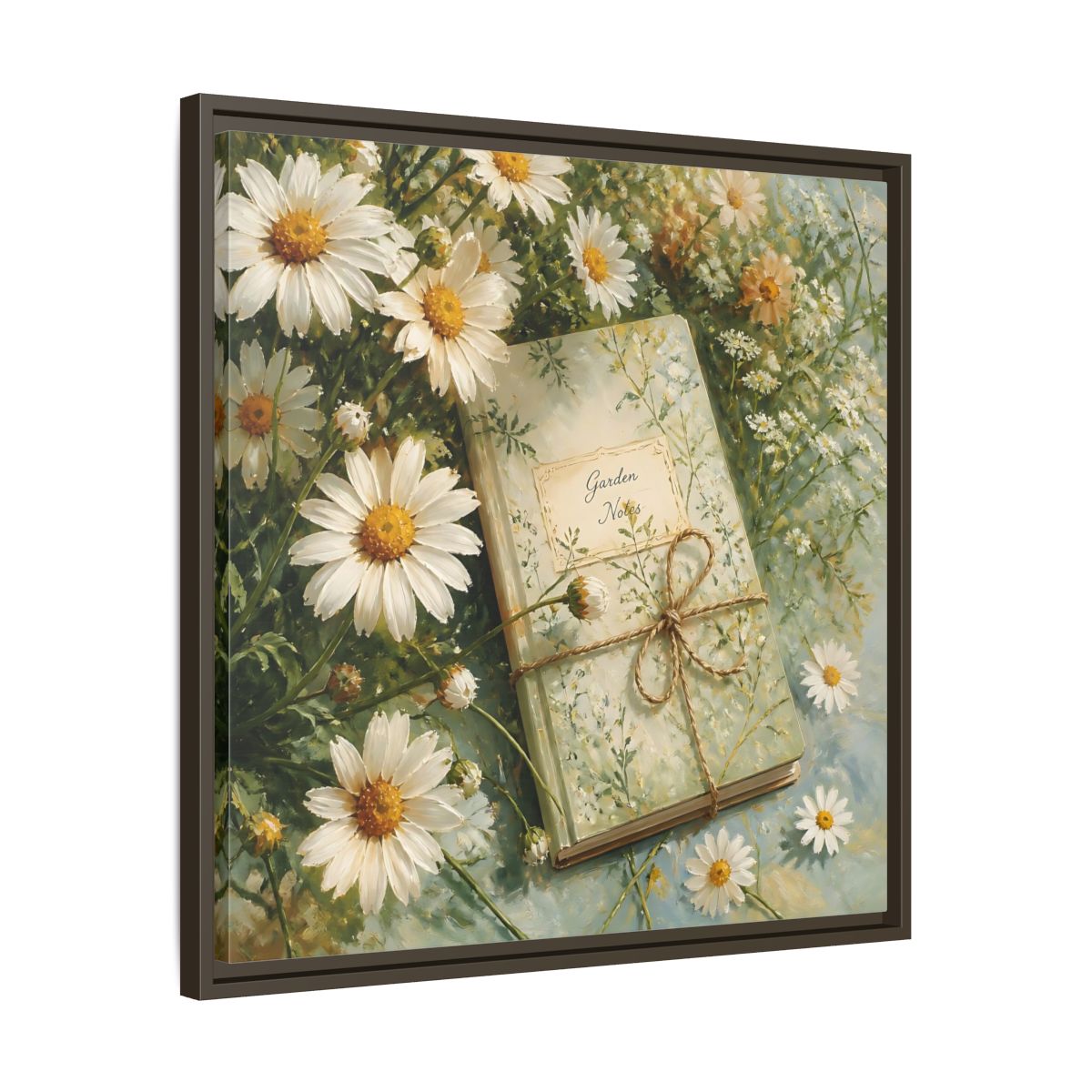 Side Mockup 27. Classic European Painting Daisies Beside Garden Notebook shown as stretched canvas wall art