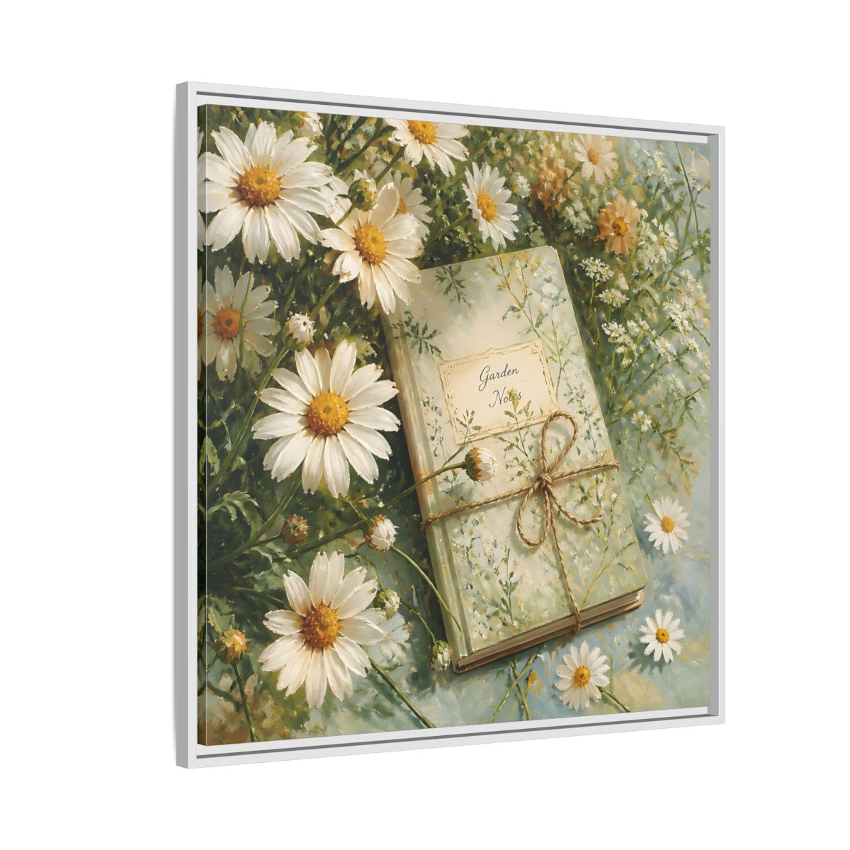 Side Mockup 7. Classic European Painting Daisies Beside Garden Notebook shown as stretched canvas wall art