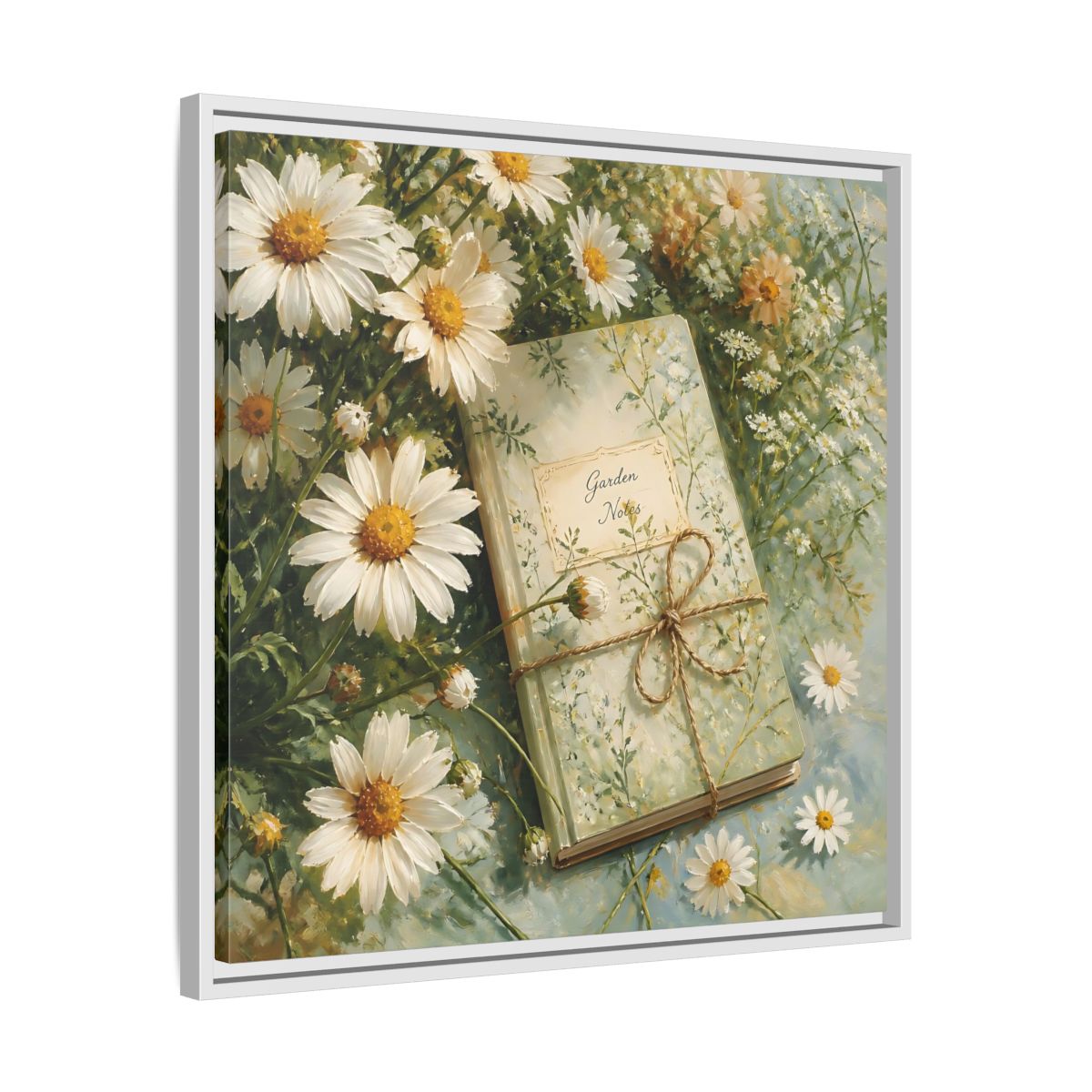 Side Mockup 26. Classic European Painting Daisies Beside Garden Notebook shown as stretched canvas wall art