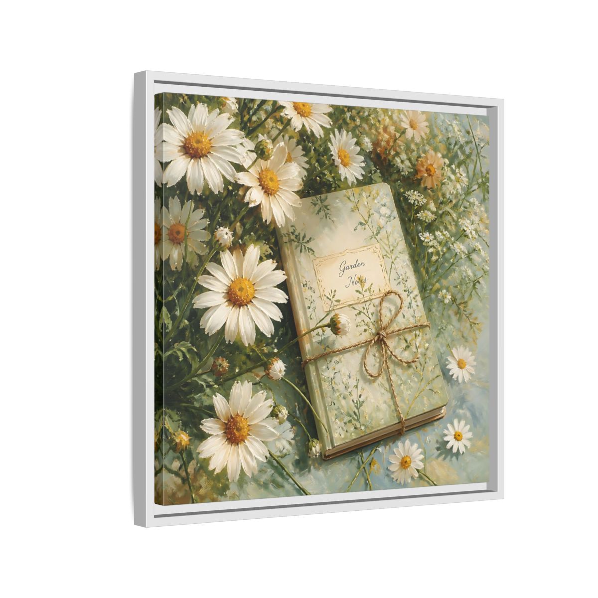 Side Mockup 10. Classic European Painting Daisies Beside Garden Notebook shown as stretched canvas wall art