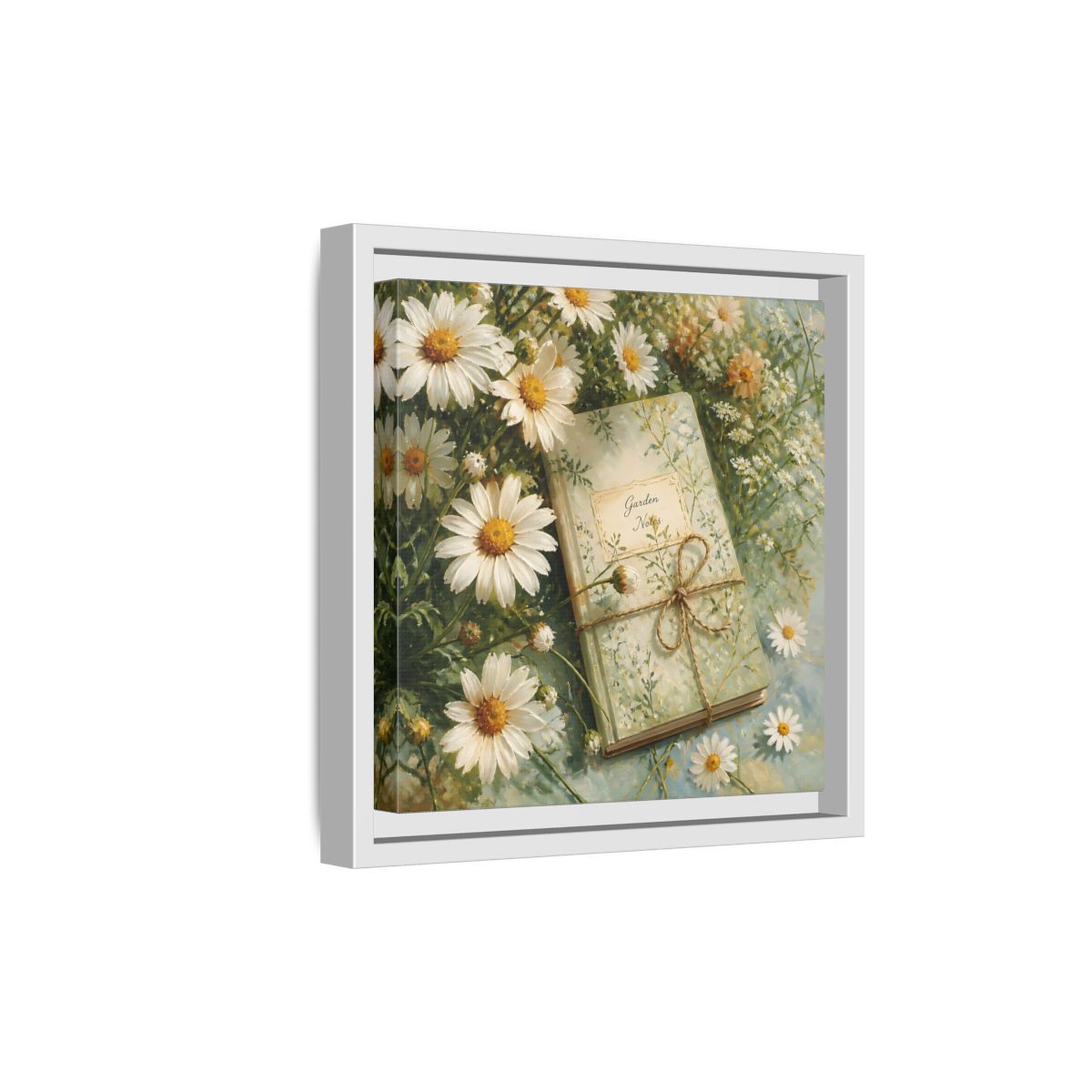 Side Mockup 19. Classic European Painting Daisies Beside Garden Notebook shown as stretched canvas wall art