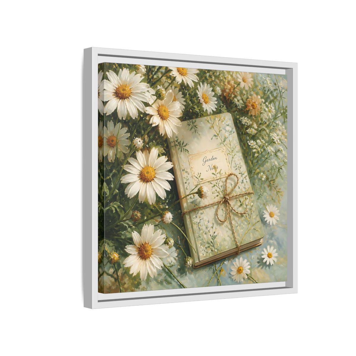 Side Mockup 13. Classic European Painting Daisies Beside Garden Notebook shown as stretched canvas wall art