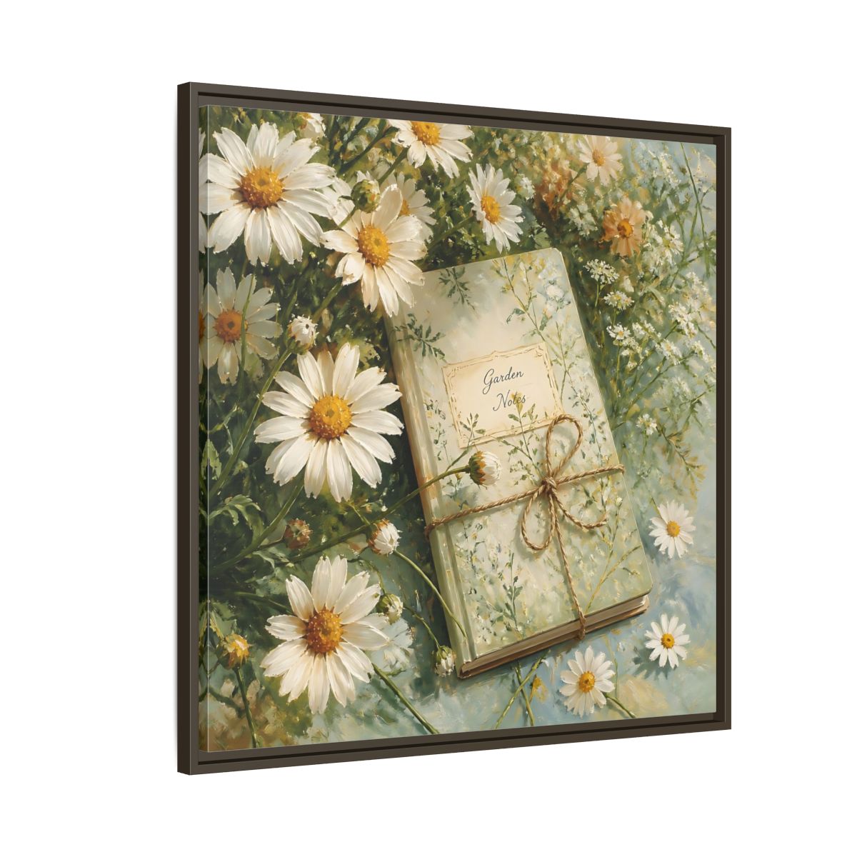 Side Mockup 8. Classic European Painting Daisies Beside Garden Notebook shown as stretched canvas wall art