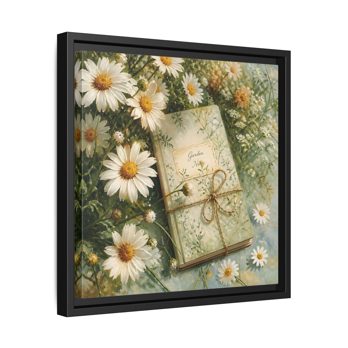 Side Mockup 32. Classic European Painting Daisies Beside Garden Notebook shown as stretched canvas wall art