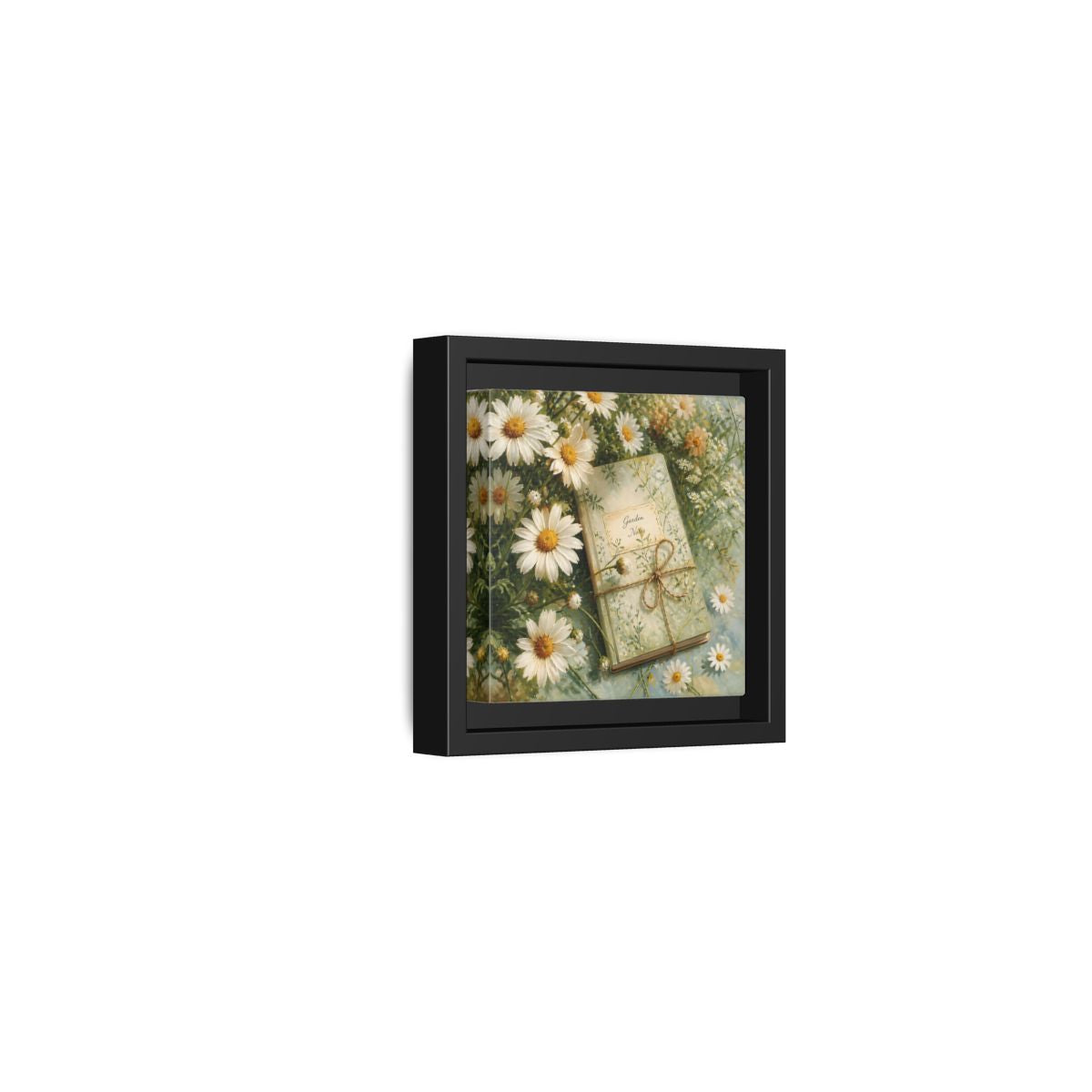 Side Mockup 24. Classic European Painting Daisies Beside Garden Notebook shown as stretched canvas wall art