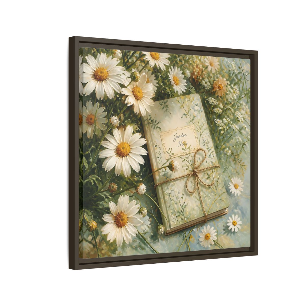 Side Mockup 11. Classic European Painting Daisies Beside Garden Notebook shown as stretched canvas wall art