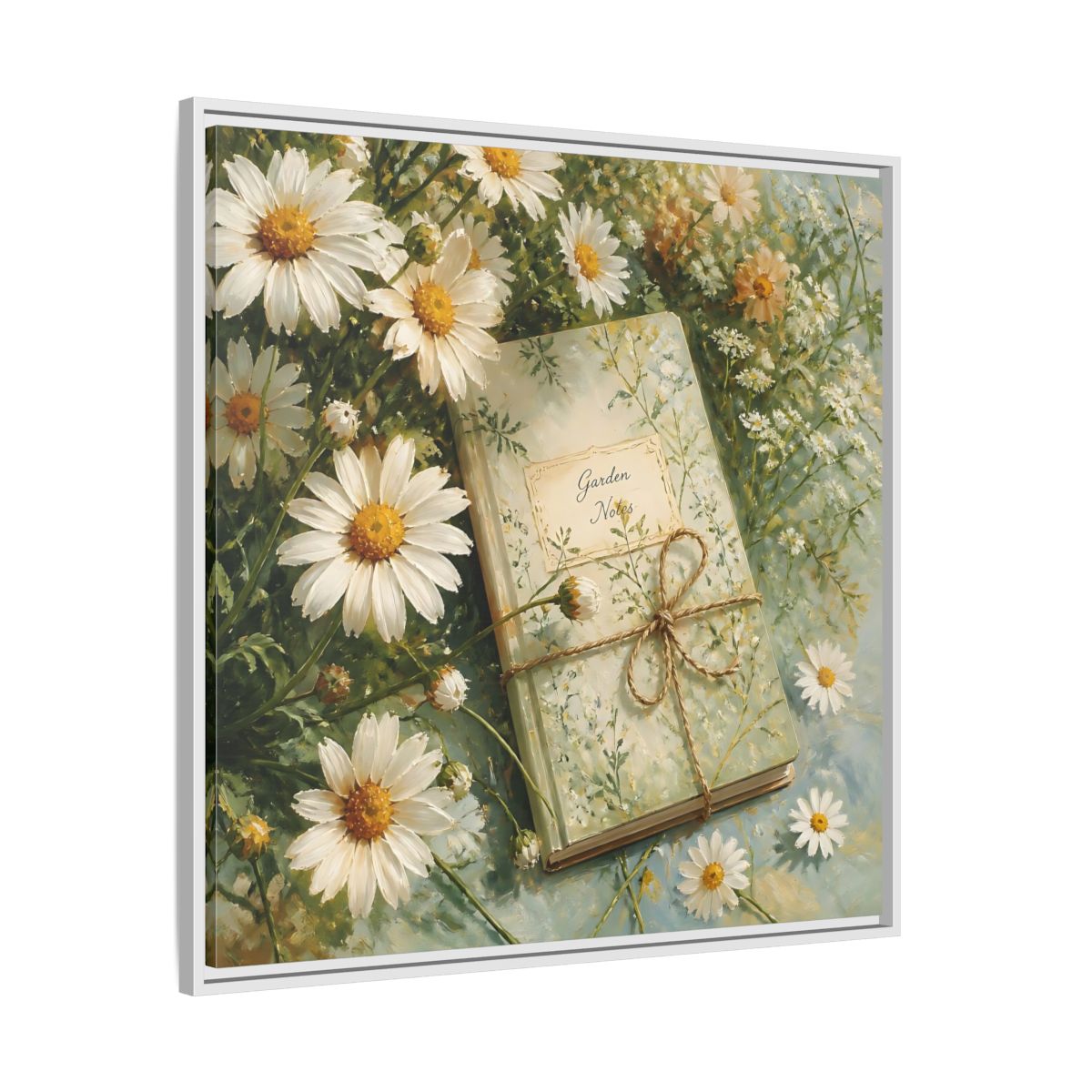 Side Mockup 25. Classic European Painting Daisies Beside Garden Notebook shown as stretched canvas wall art