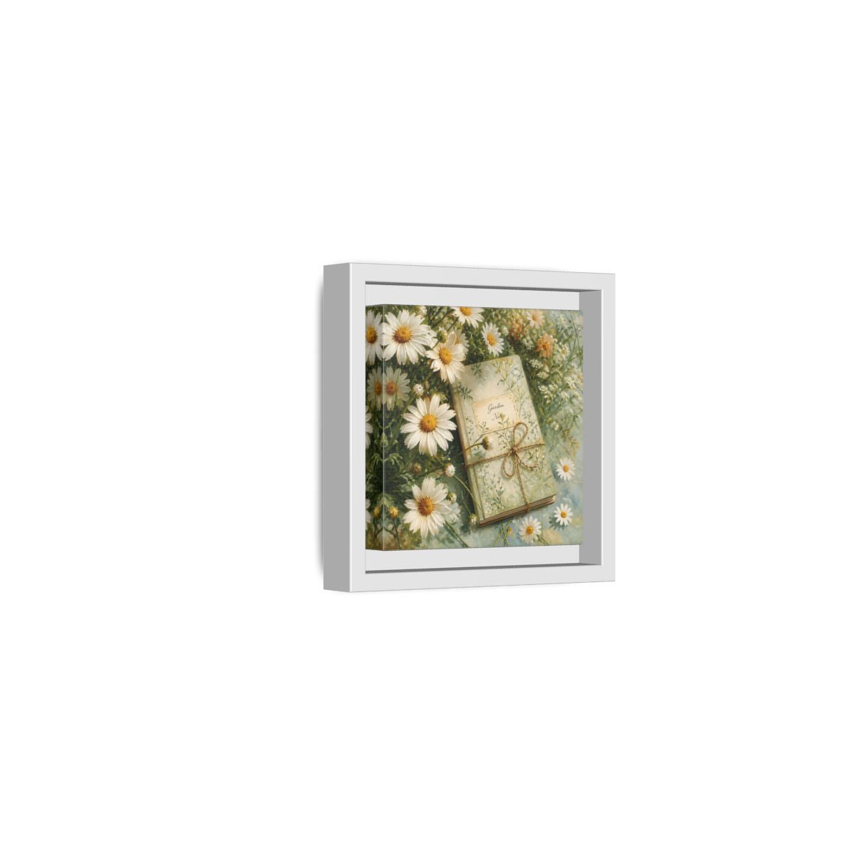 Side Mockup 22. Classic European Painting Daisies Beside Garden Notebook shown as stretched canvas wall art