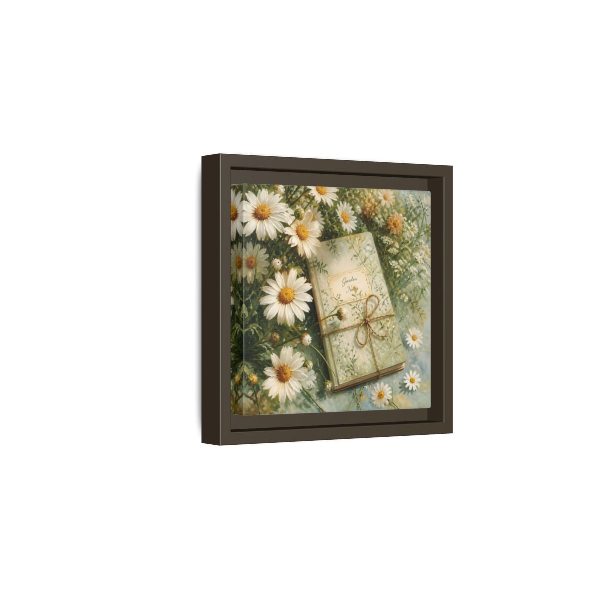 Side Mockup 2. Classic European Painting Daisies Beside Garden Notebook shown as stretched canvas wall art