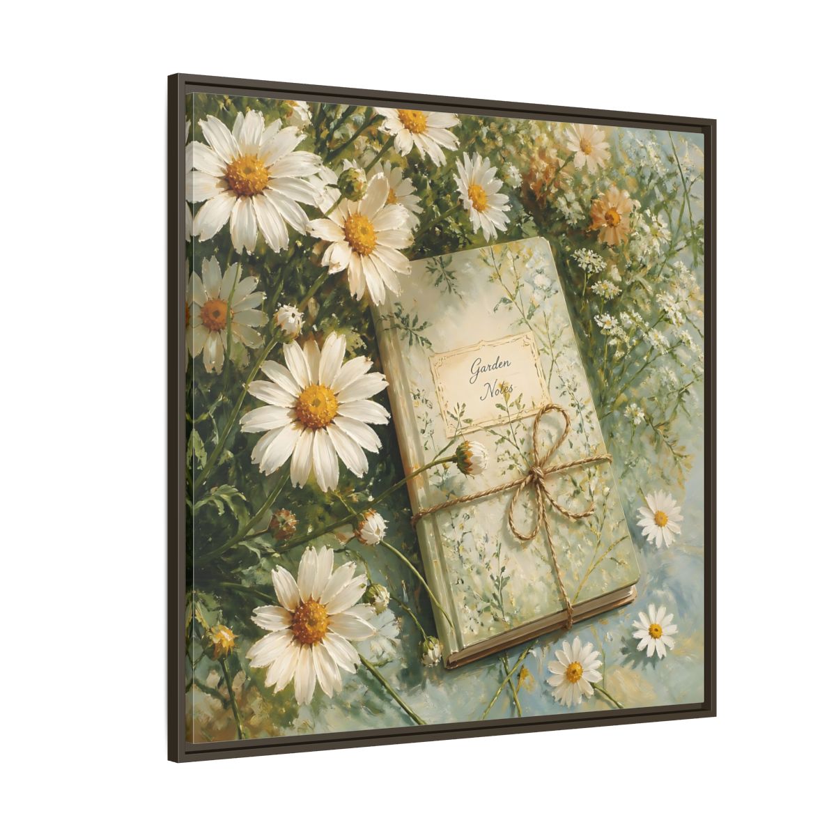 Side Mockup 5. Classic European Painting Daisies Beside Garden Notebook shown as stretched canvas wall art
