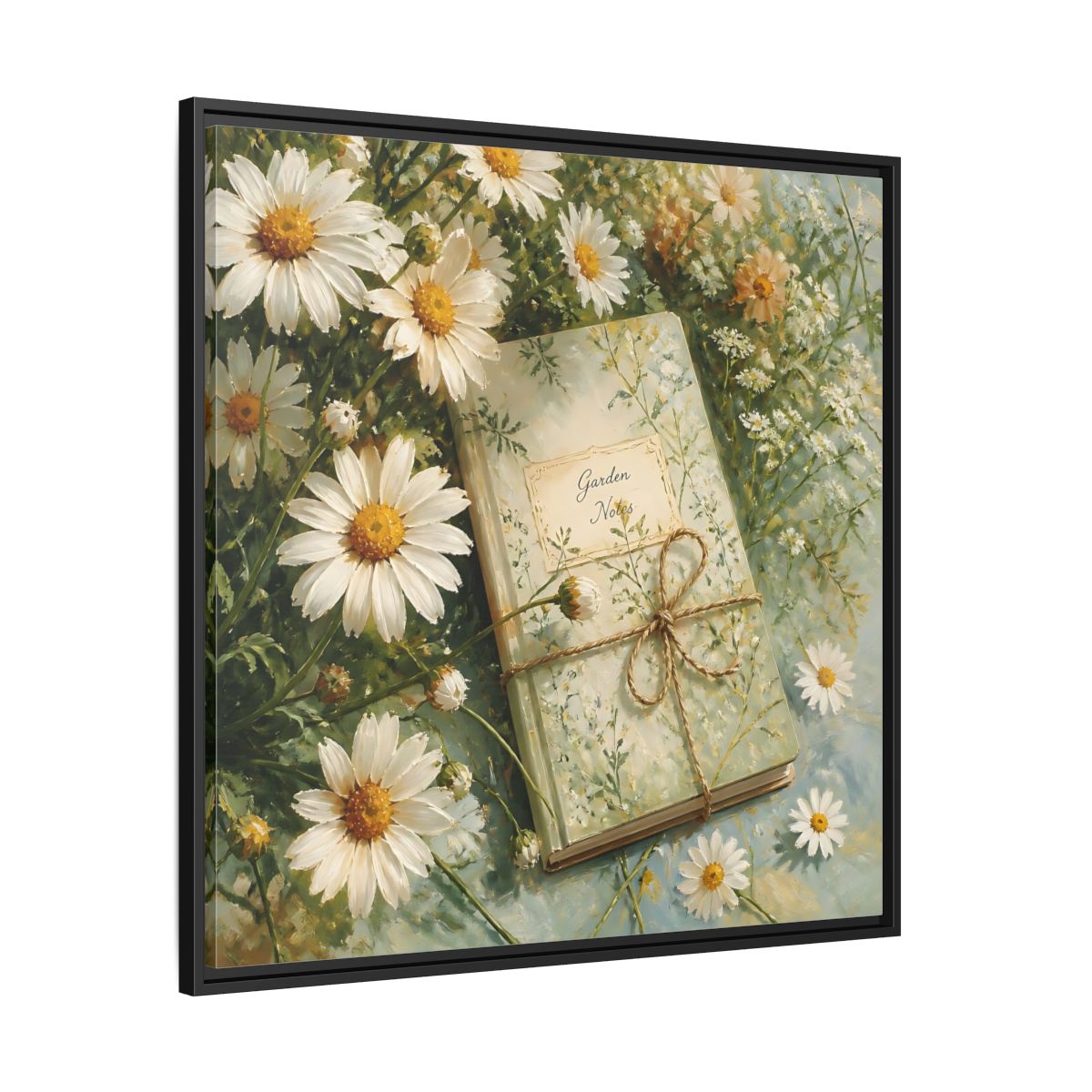 Side Mockup 30. Classic European Painting Daisies Beside Garden Notebook shown as stretched canvas wall art