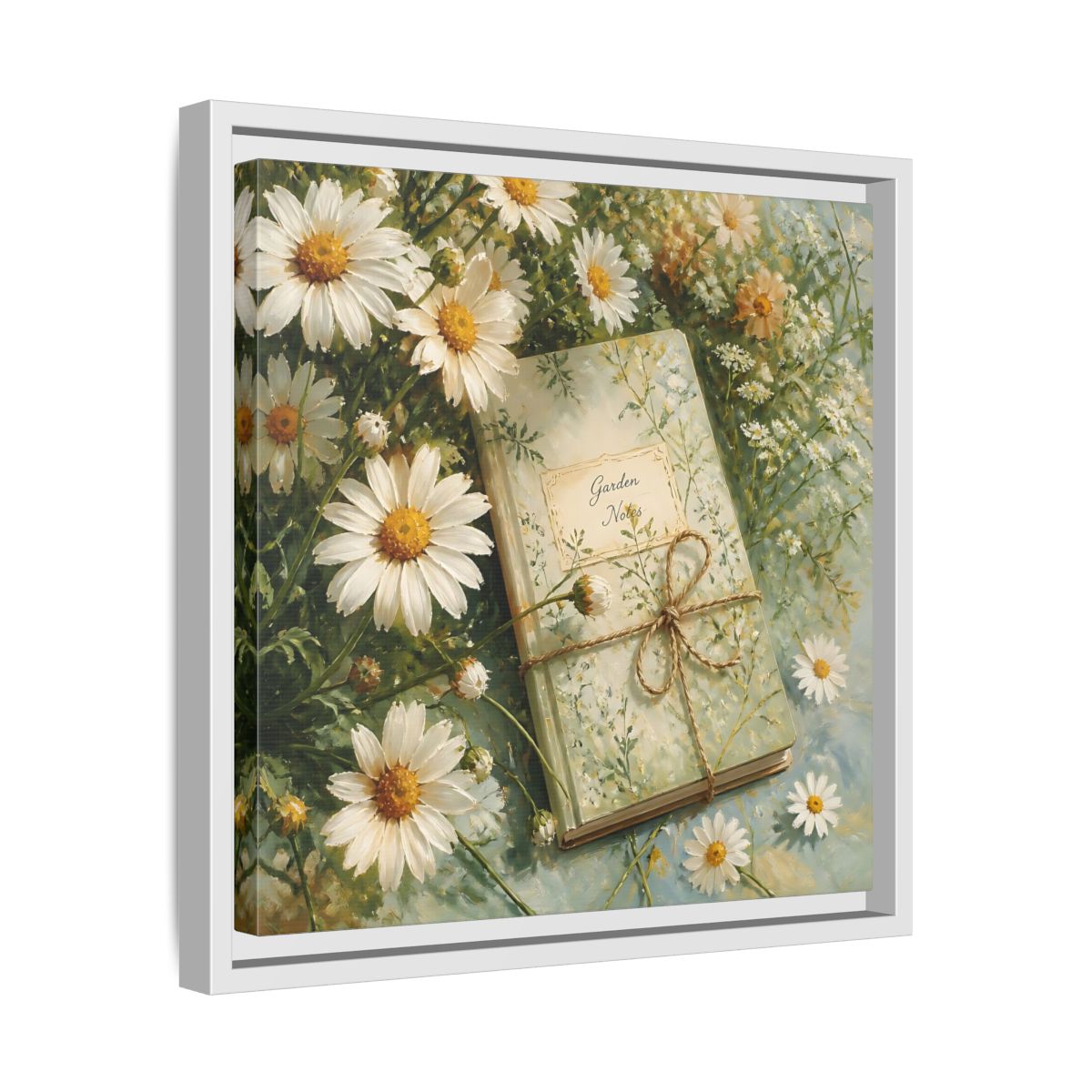 Side Mockup 28. Classic European Painting Daisies Beside Garden Notebook shown as stretched canvas wall art