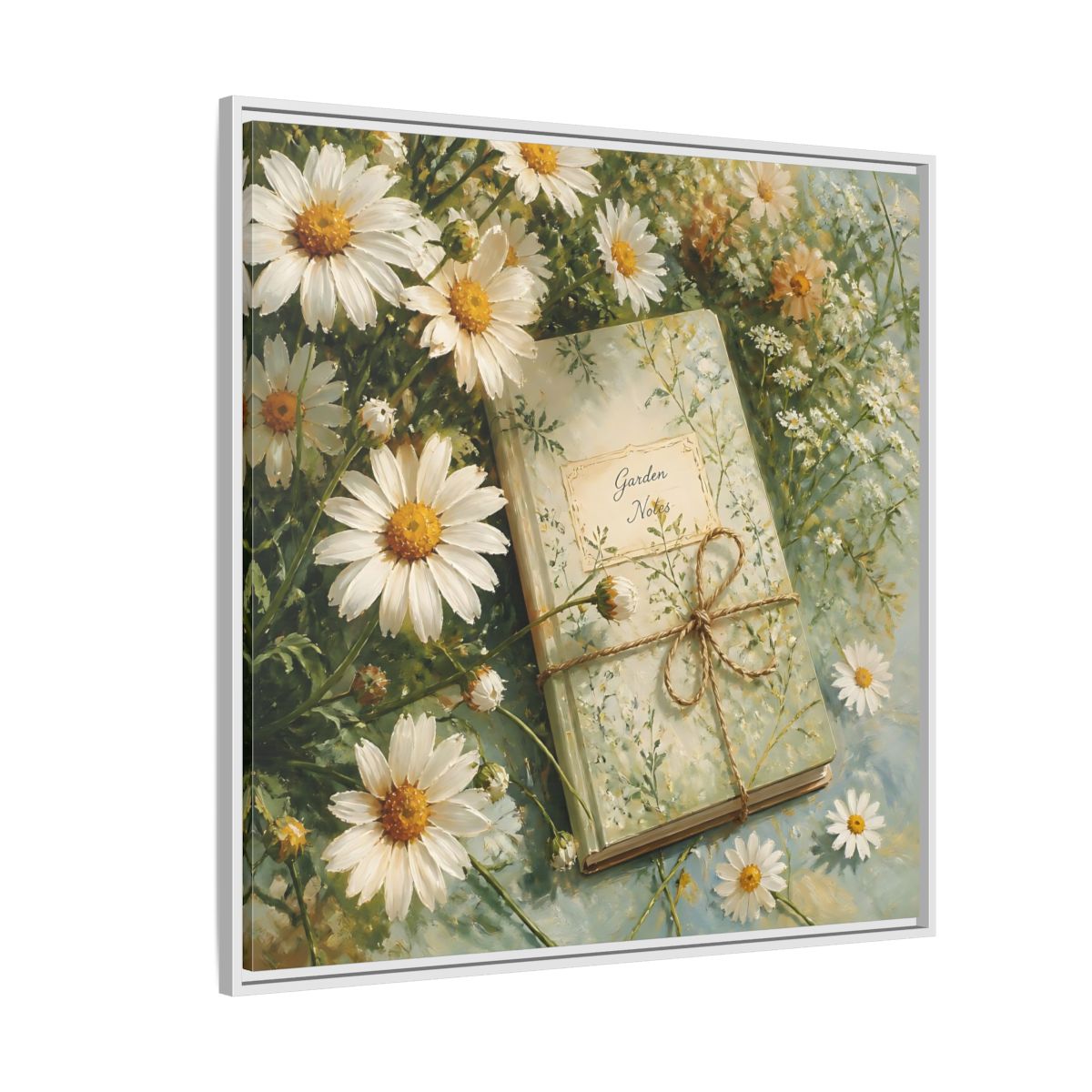 Side Mockup 4. Classic European Painting Daisies Beside Garden Notebook shown as stretched canvas wall art