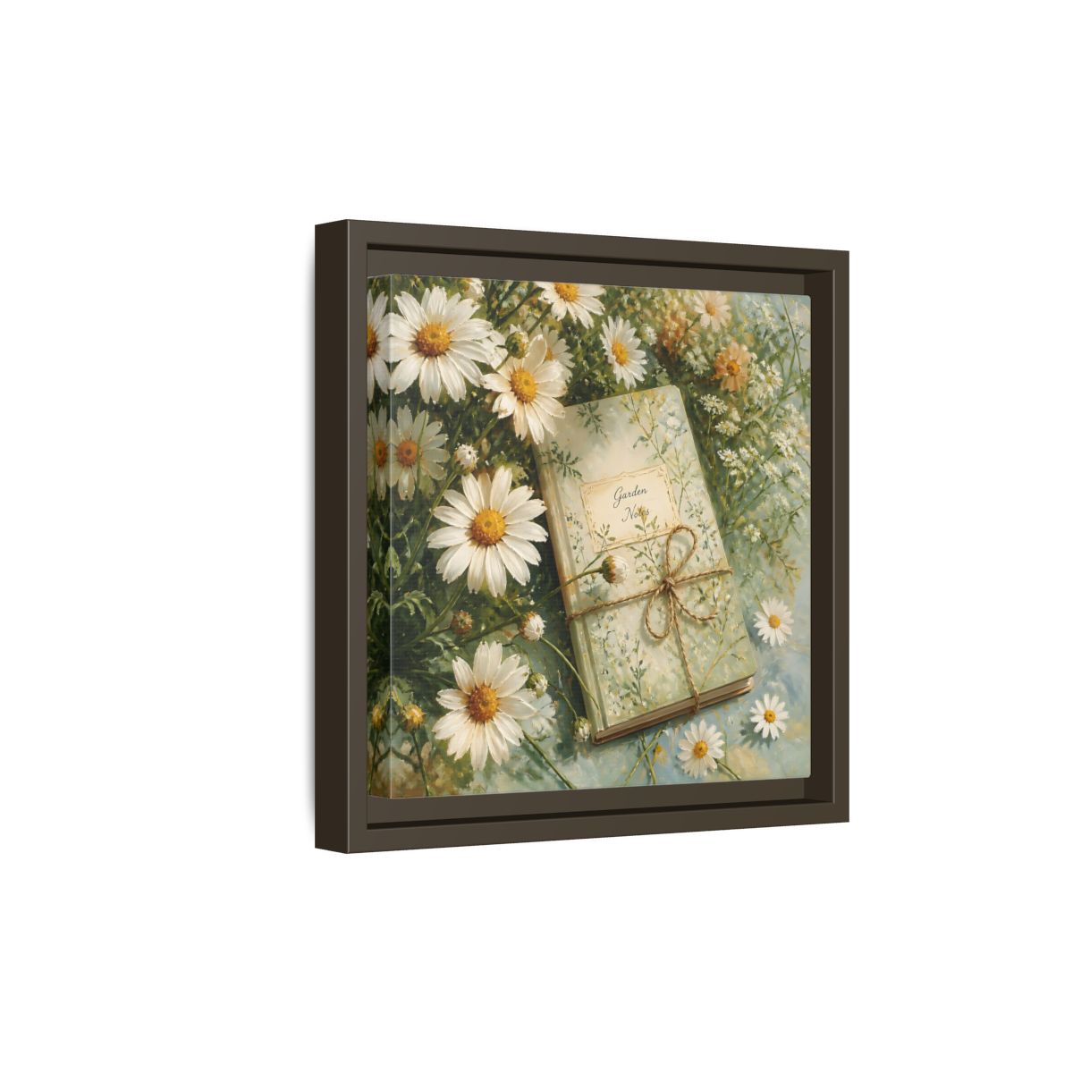 Side Mockup 20. Classic European Painting Daisies Beside Garden Notebook shown as stretched canvas wall art