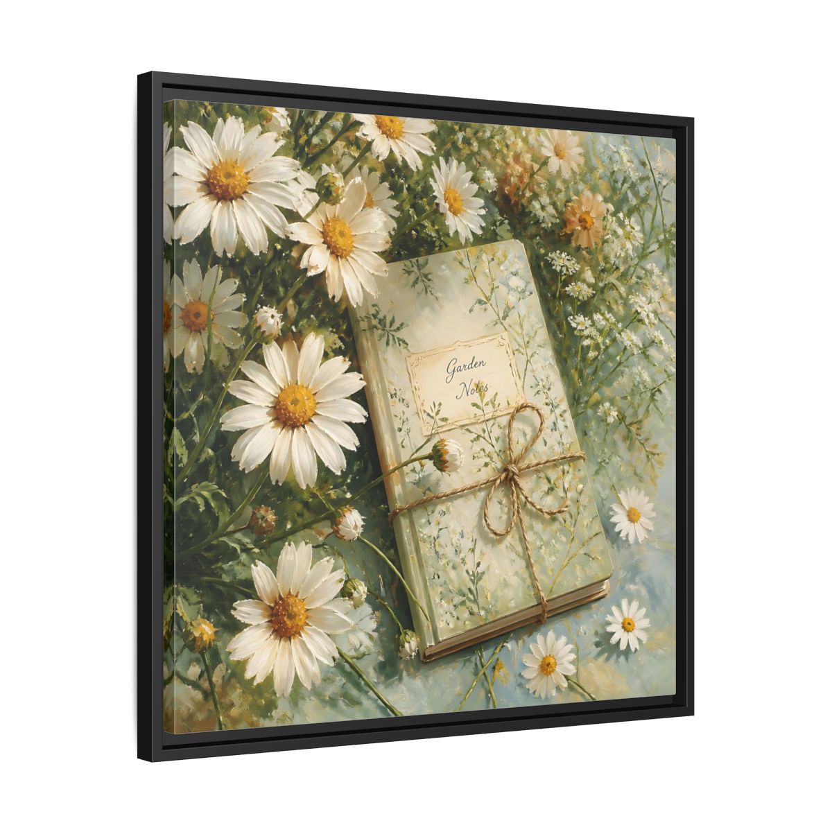 Side Mockup 31. Classic European Painting Daisies Beside Garden Notebook shown as stretched canvas wall art
