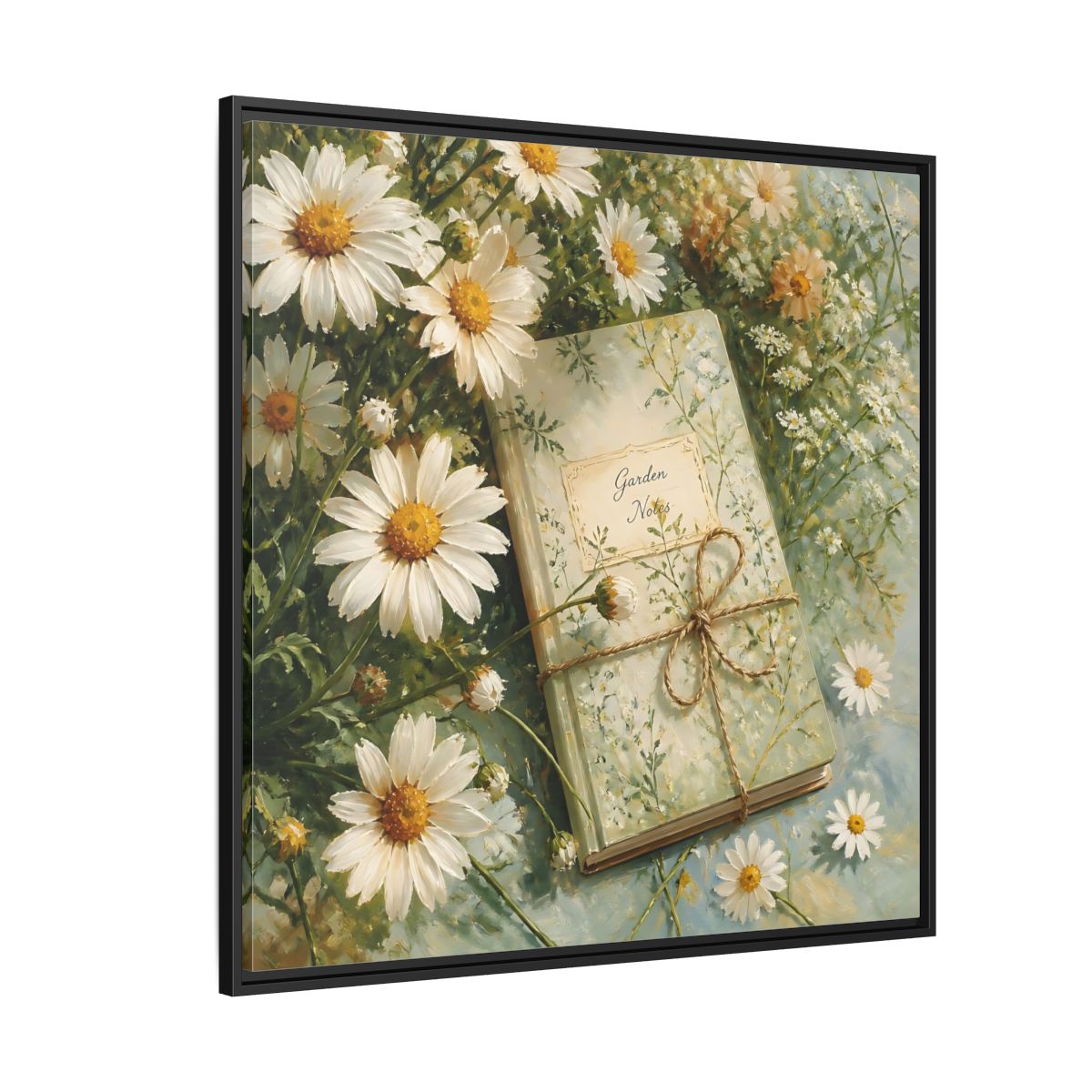 Side Mockup 6. Classic European Painting Daisies Beside Garden Notebook shown as stretched canvas wall art
