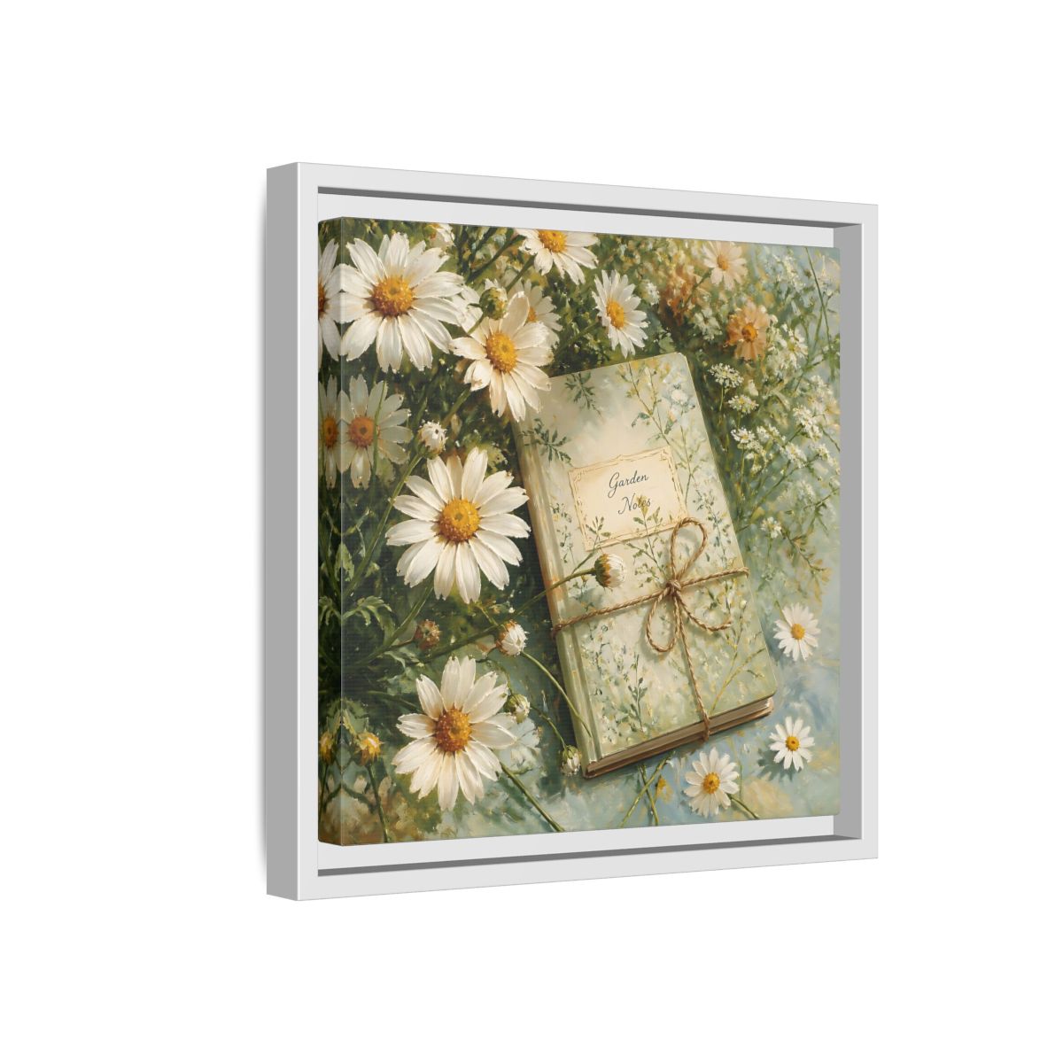 Side Mockup 16. Classic European Painting Daisies Beside Garden Notebook shown as stretched canvas wall art
